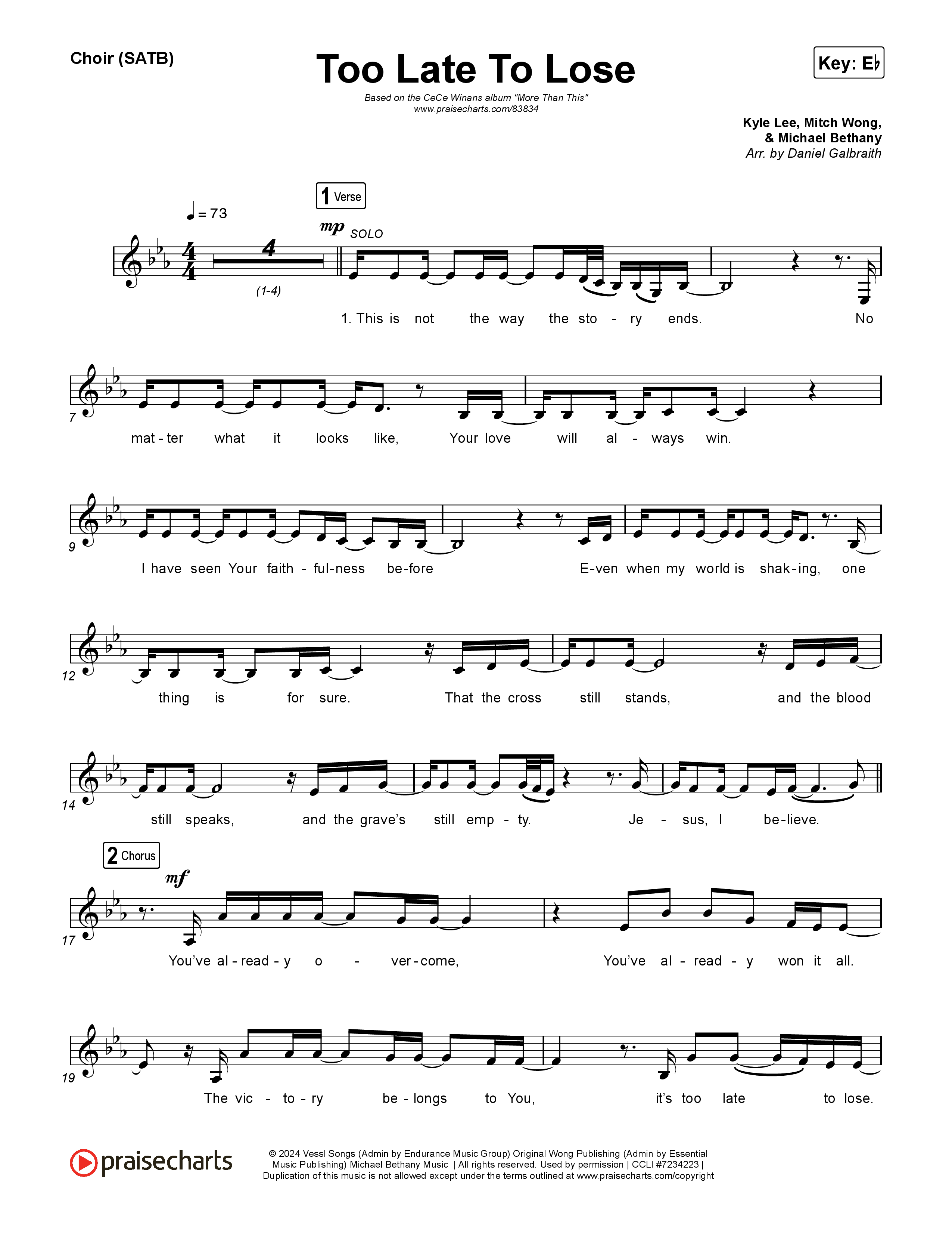 Too Late To Lose Choir Sheet (SATB) (CeCe Winans)