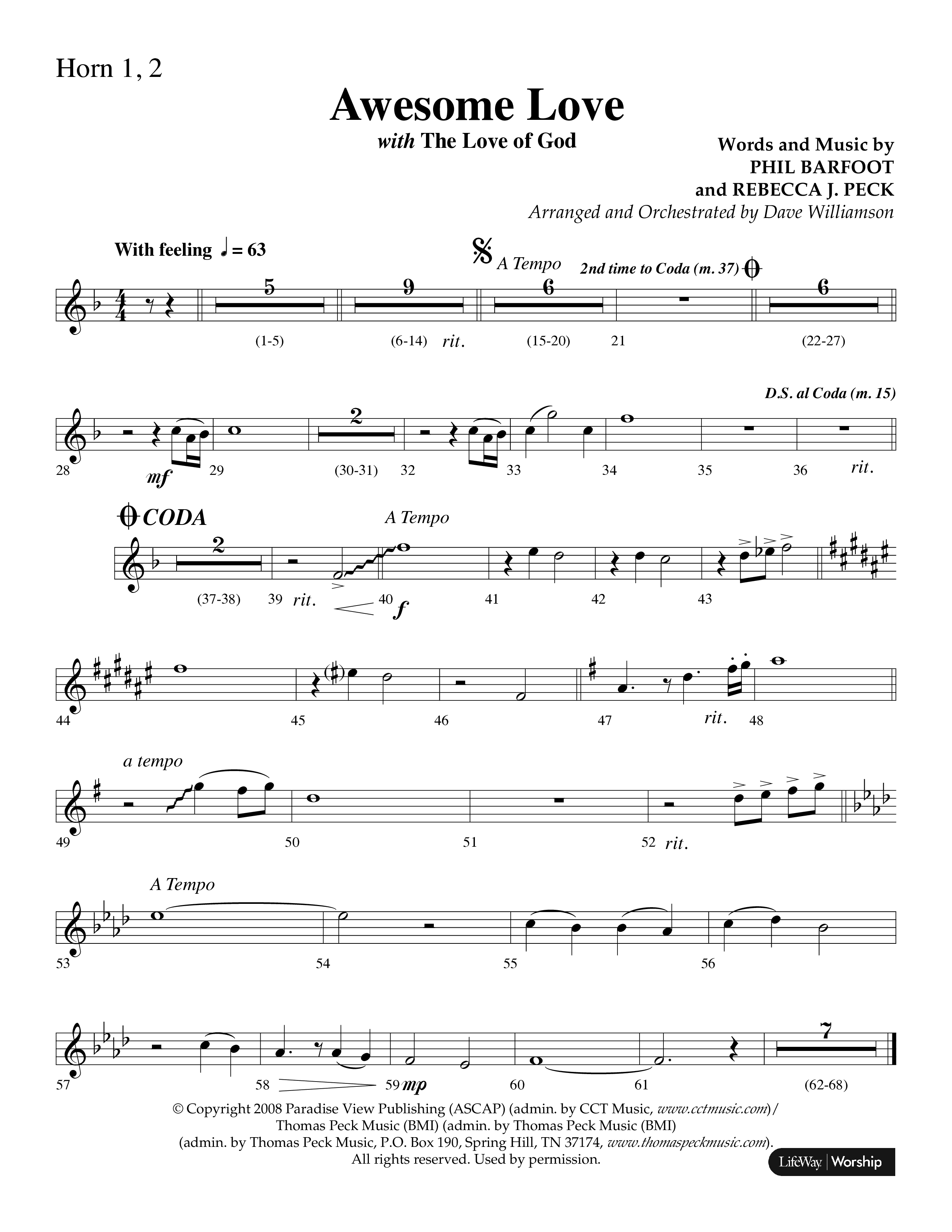 Awesome Love (with The Love Of God) (Choral Anthem SATB) French Horn 1/2 (Lifeway Choral / Arr. Dave Williamson)