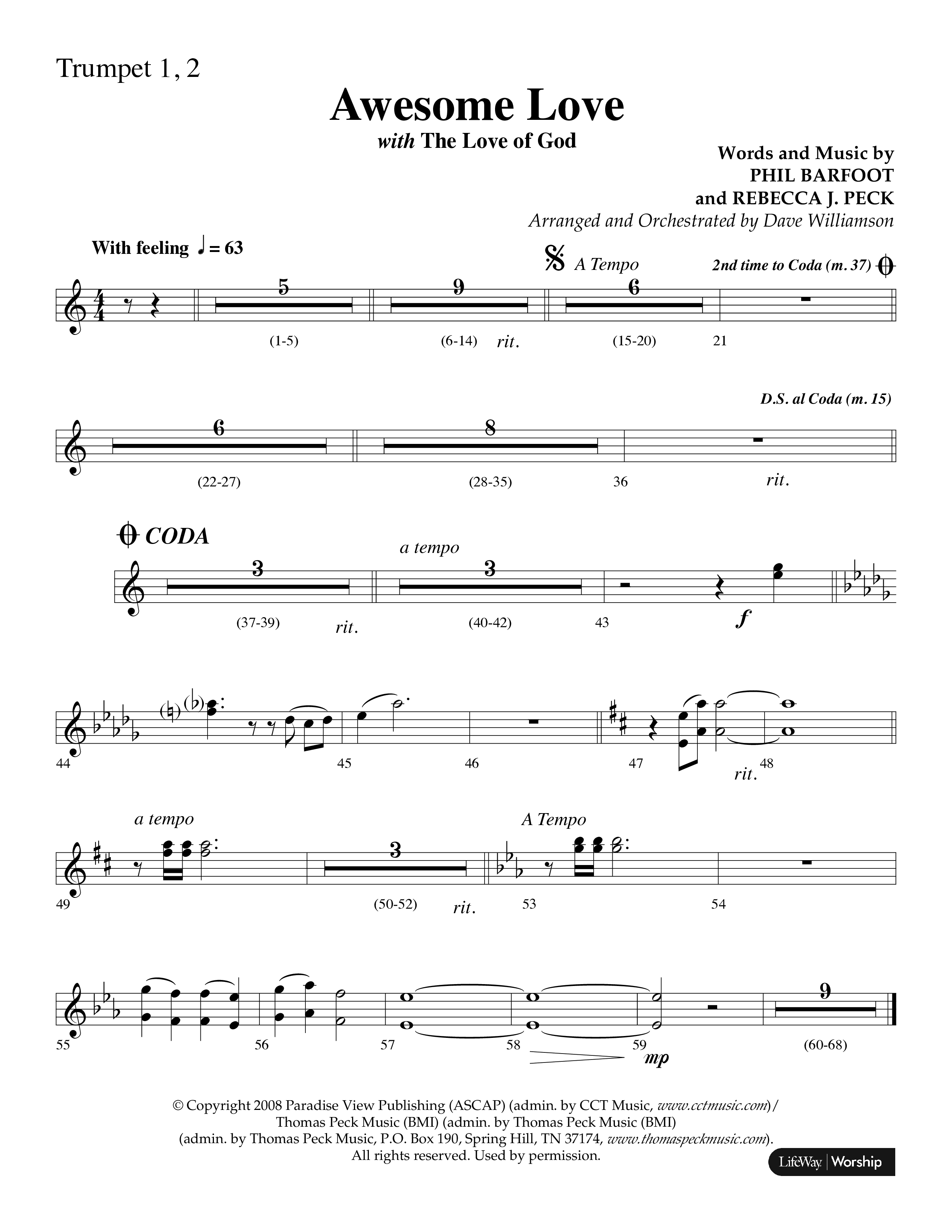 Awesome Love (with The Love Of God) (Choral Anthem SATB) Trumpet 1,2 (Lifeway Choral / Arr. Dave Williamson)