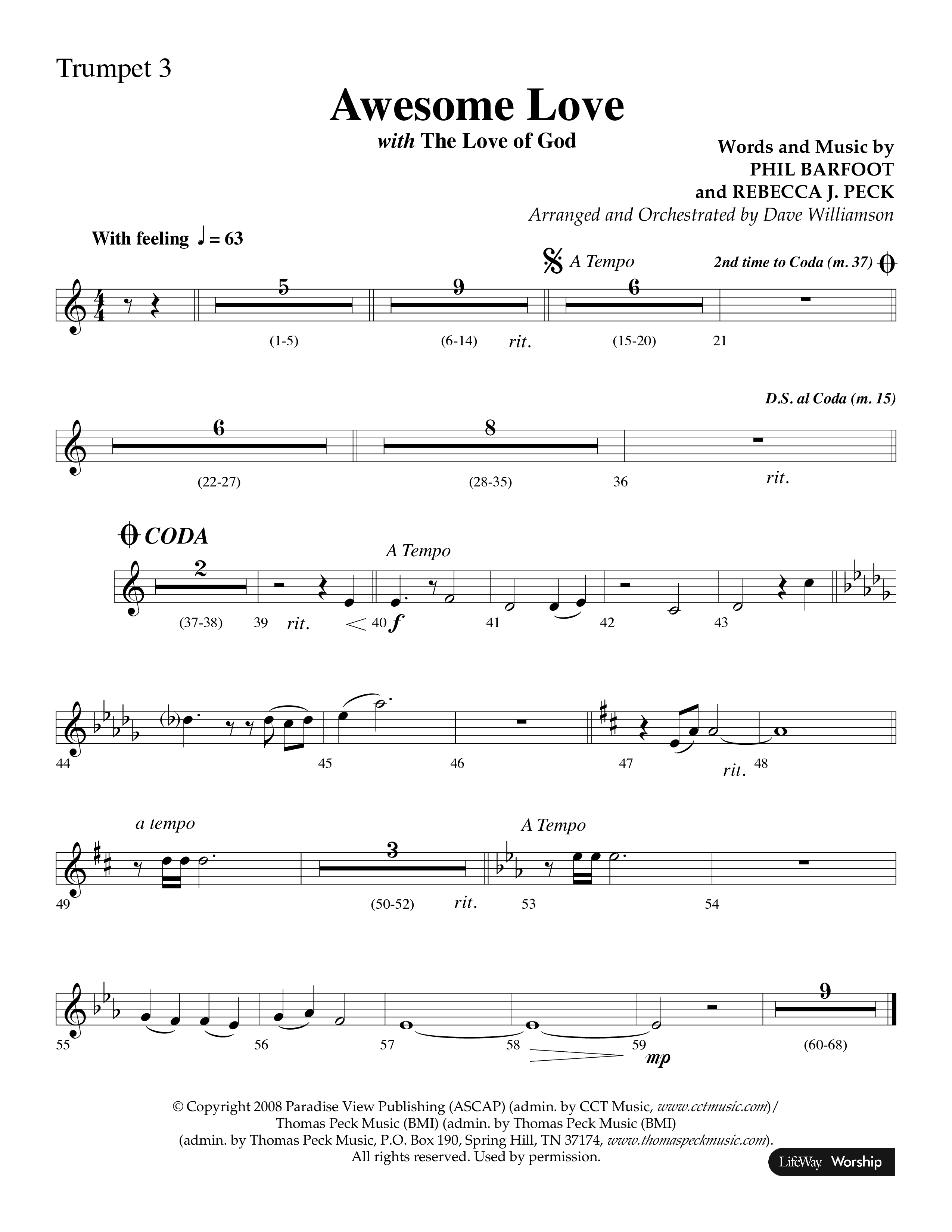 Awesome Love (with The Love Of God) (Choral Anthem SATB) Trumpet 3 (Lifeway Choral / Arr. Dave Williamson)