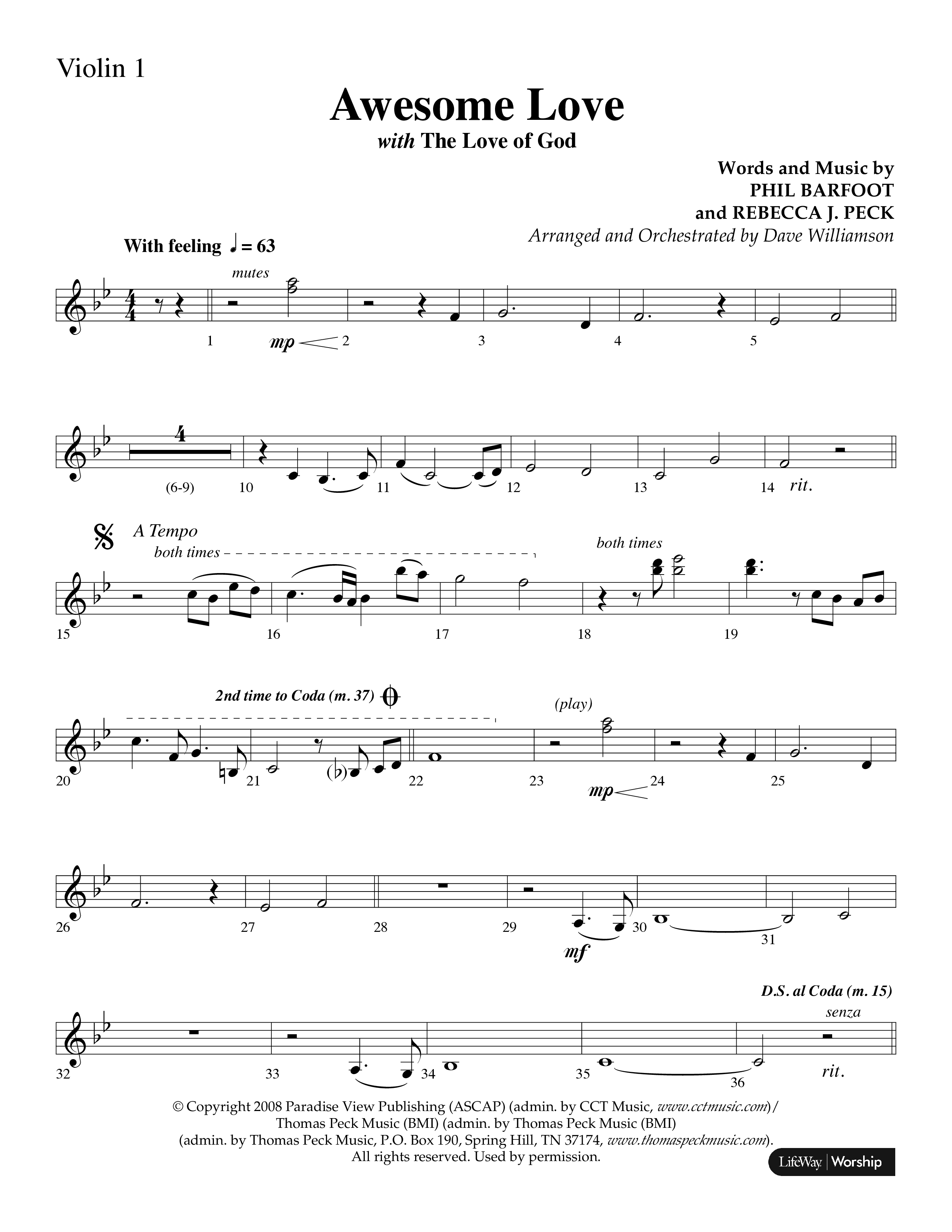 Awesome Love (with The Love Of God) (Choral Anthem SATB) Violin 1 (Lifeway Choral / Arr. Dave Williamson)