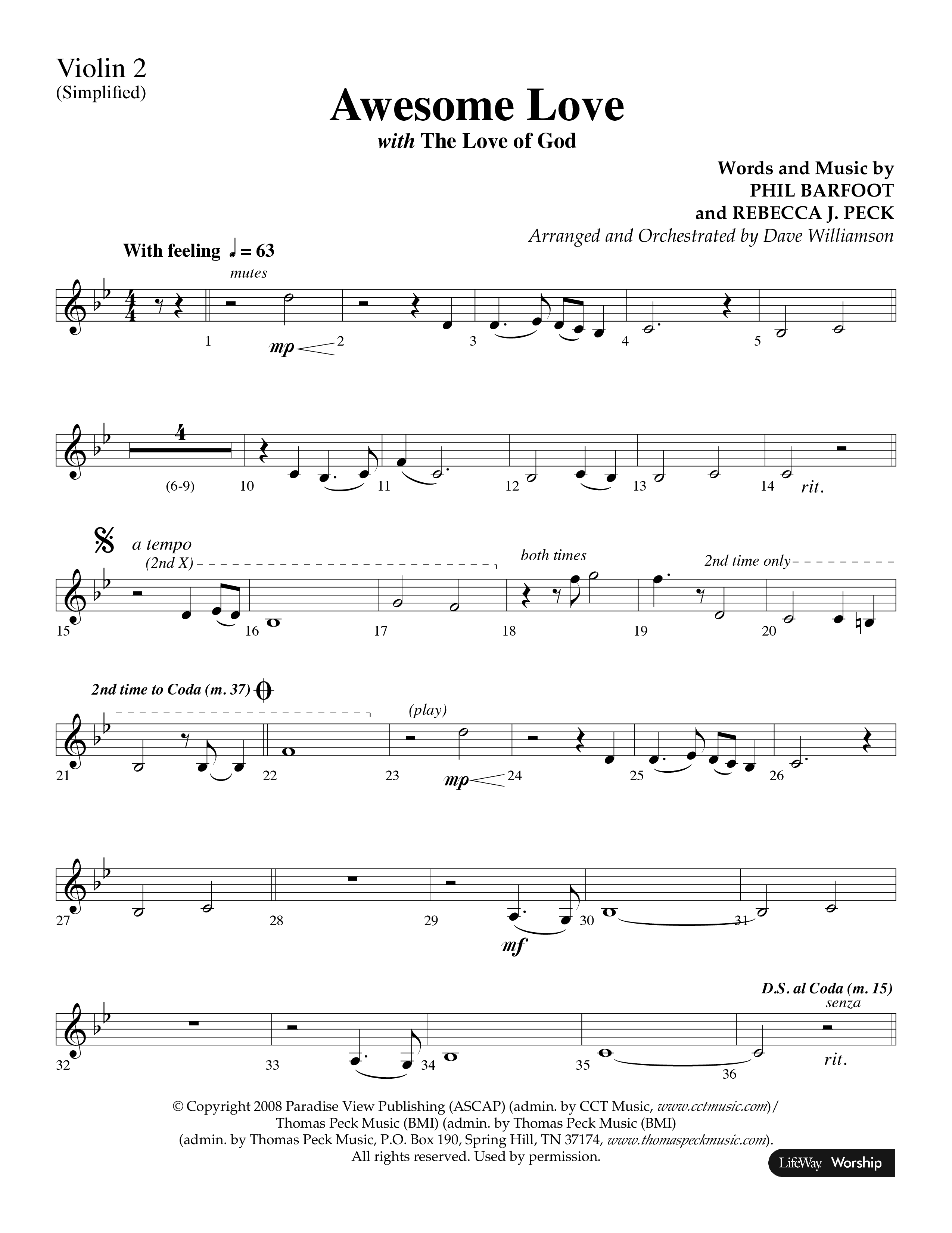 Awesome Love (with The Love Of God) (Choral Anthem SATB) Violin 2 (Lifeway Choral / Arr. Dave Williamson)