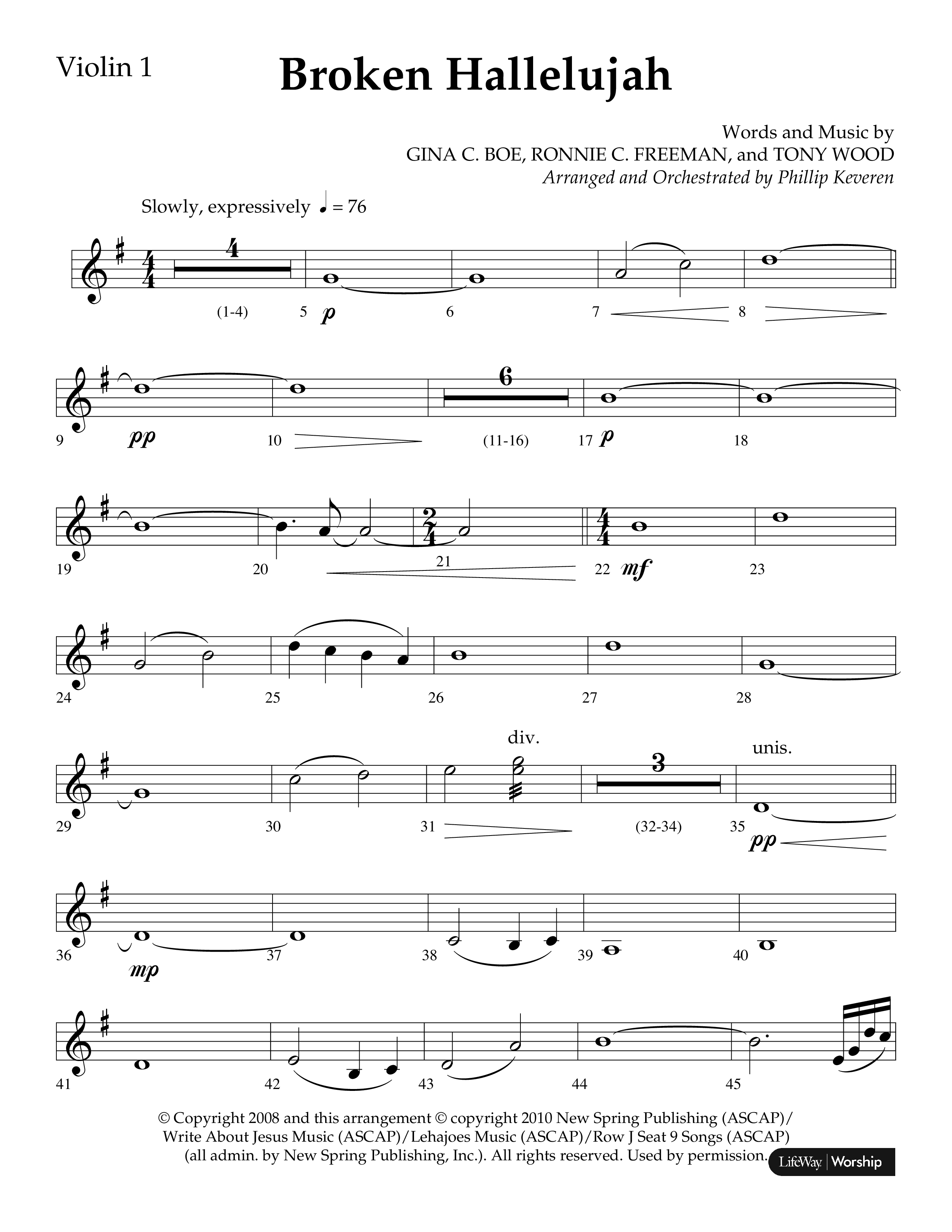 Broken Hallelujah (Choral Anthem SATB) Violin 1 (Lifeway Choral / Arr. Phillip Keveren)
