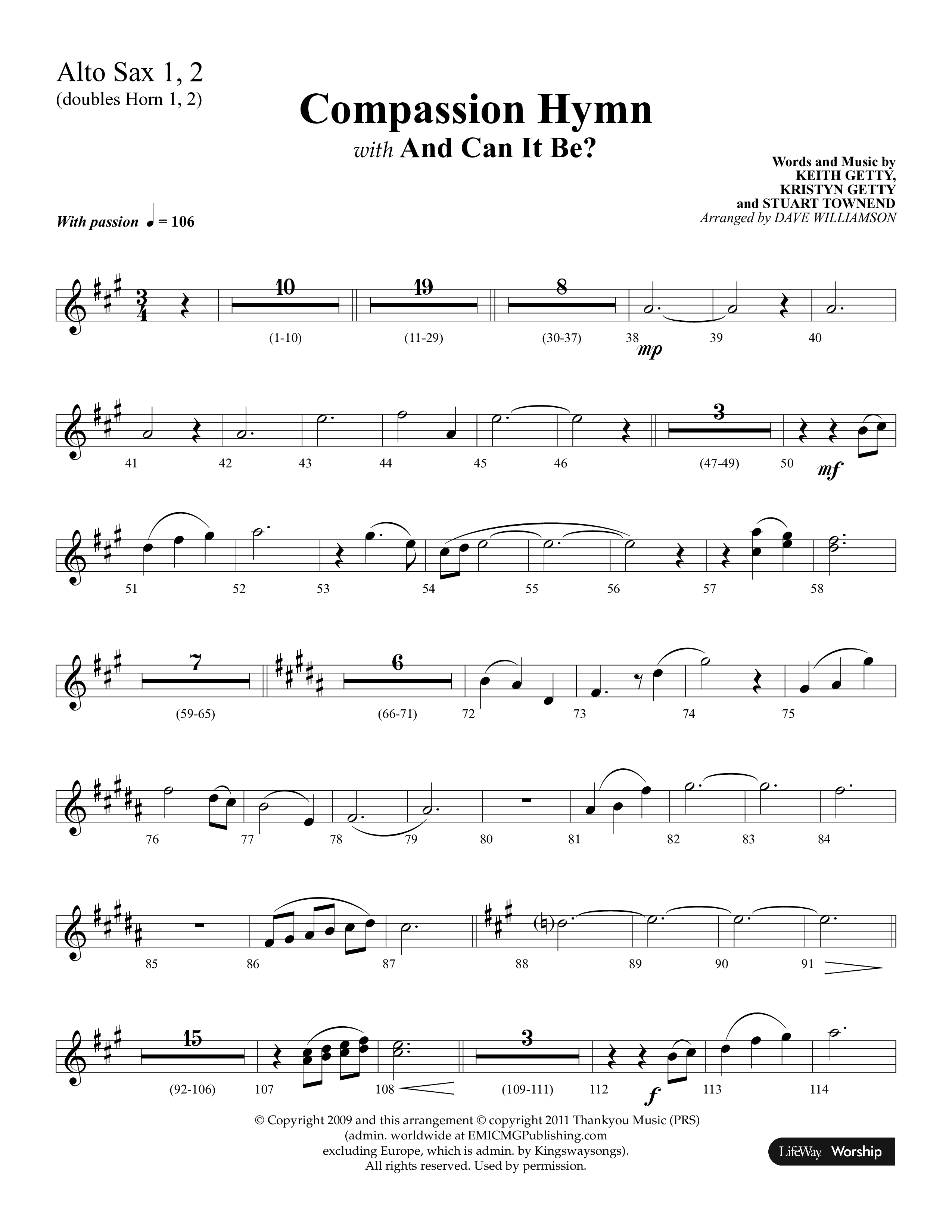 Compassion Hymn (with And Can It Be) (Choral Anthem SATB) Alto Sax 1/2 (Lifeway Choral / Arr. Dave Williamson)
