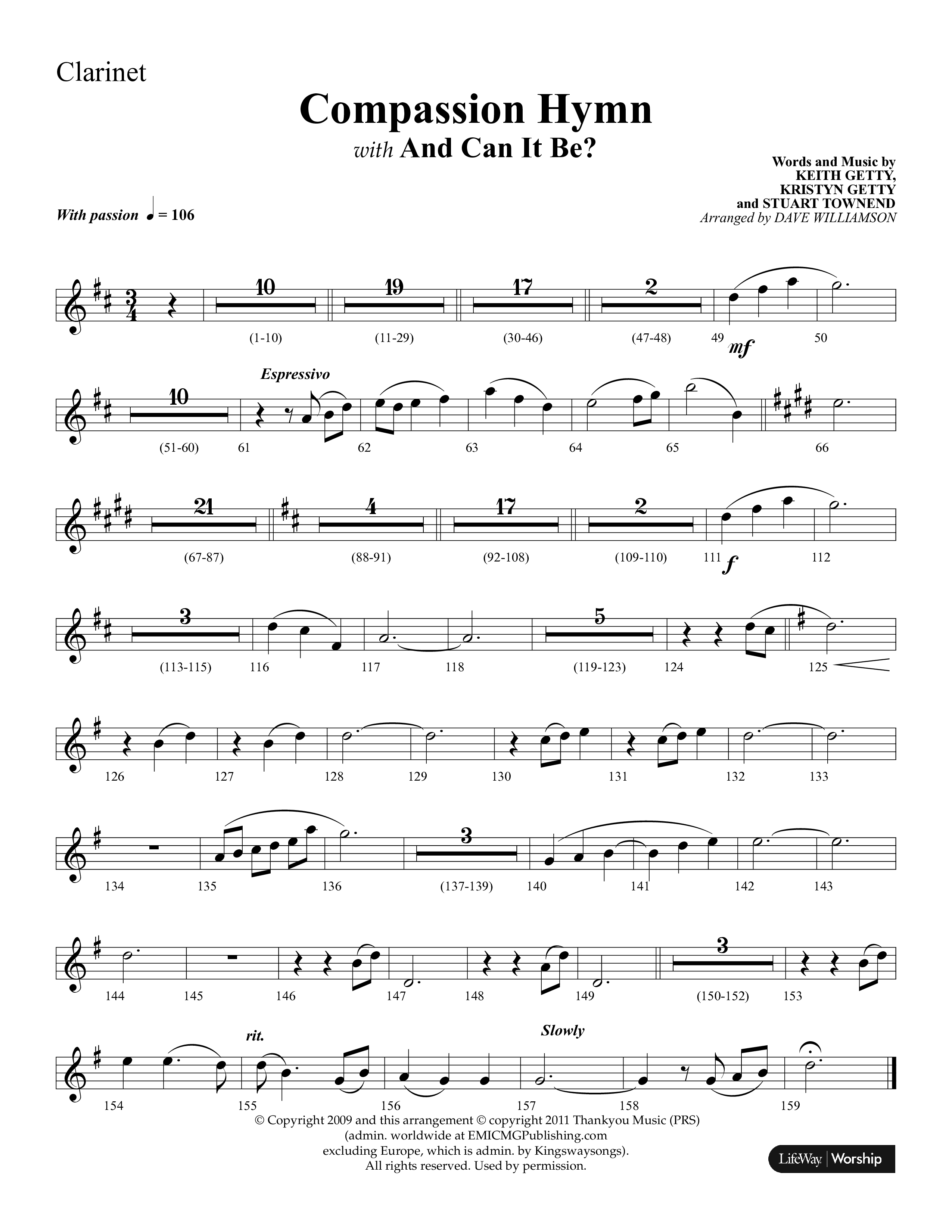 Compassion Hymn (with And Can It Be) (Choral Anthem SATB) Clarinet 1/2 (Lifeway Choral / Arr. Dave Williamson)