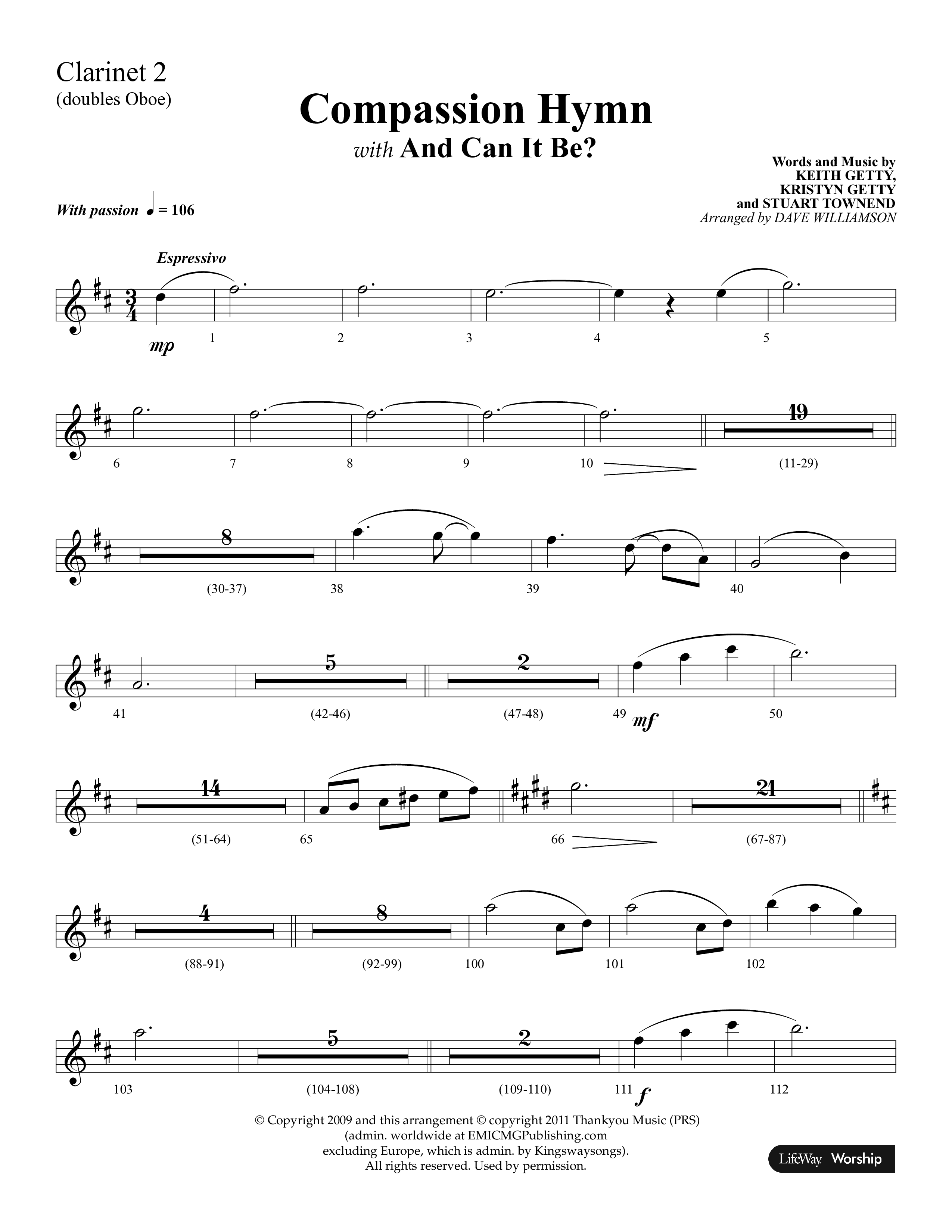 Compassion Hymn (with And Can It Be) (Choral Anthem SATB) Clarinet 1/2 (Lifeway Choral / Arr. Dave Williamson)