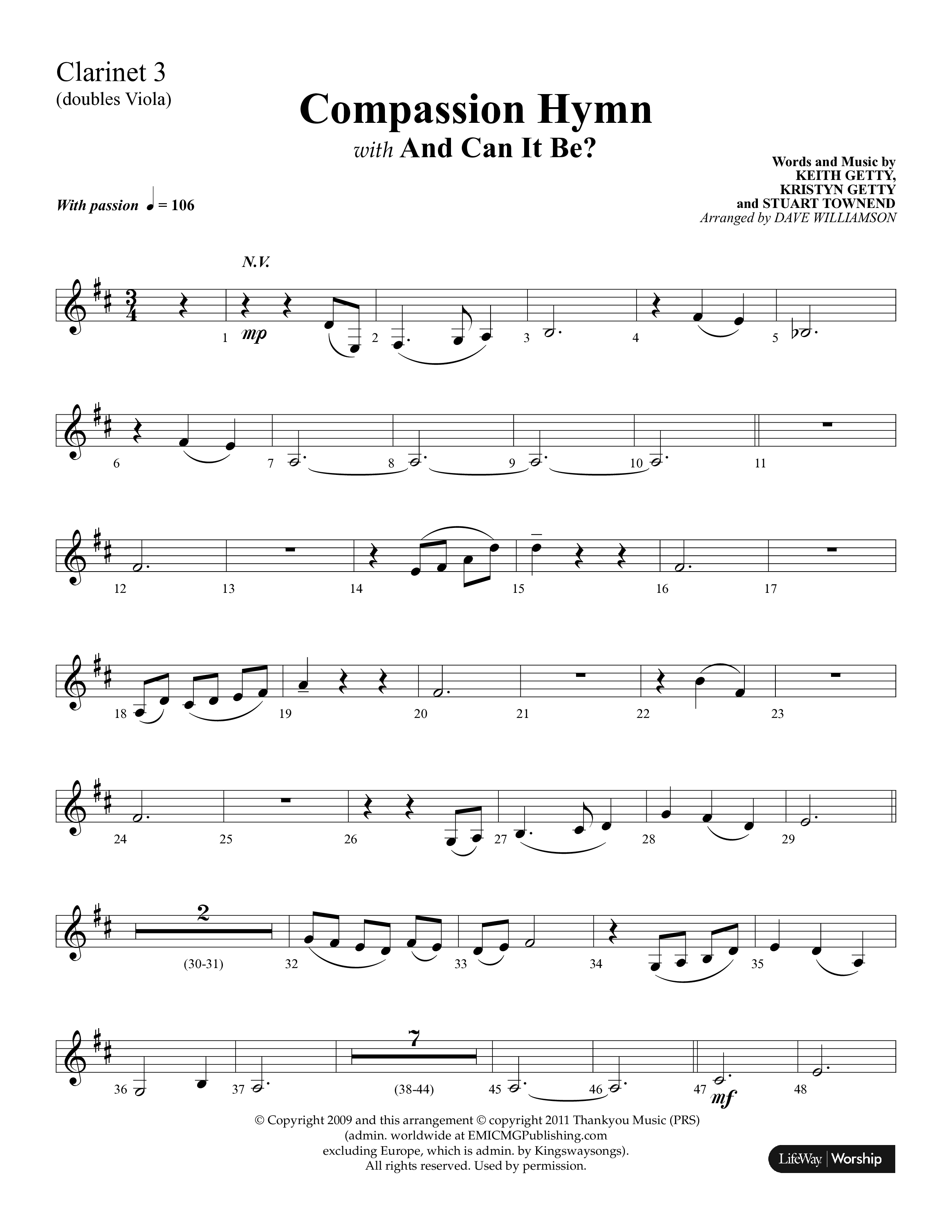 Compassion Hymn (with And Can It Be) (Choral Anthem SATB) Clarinet 3 (Lifeway Choral / Arr. Dave Williamson)