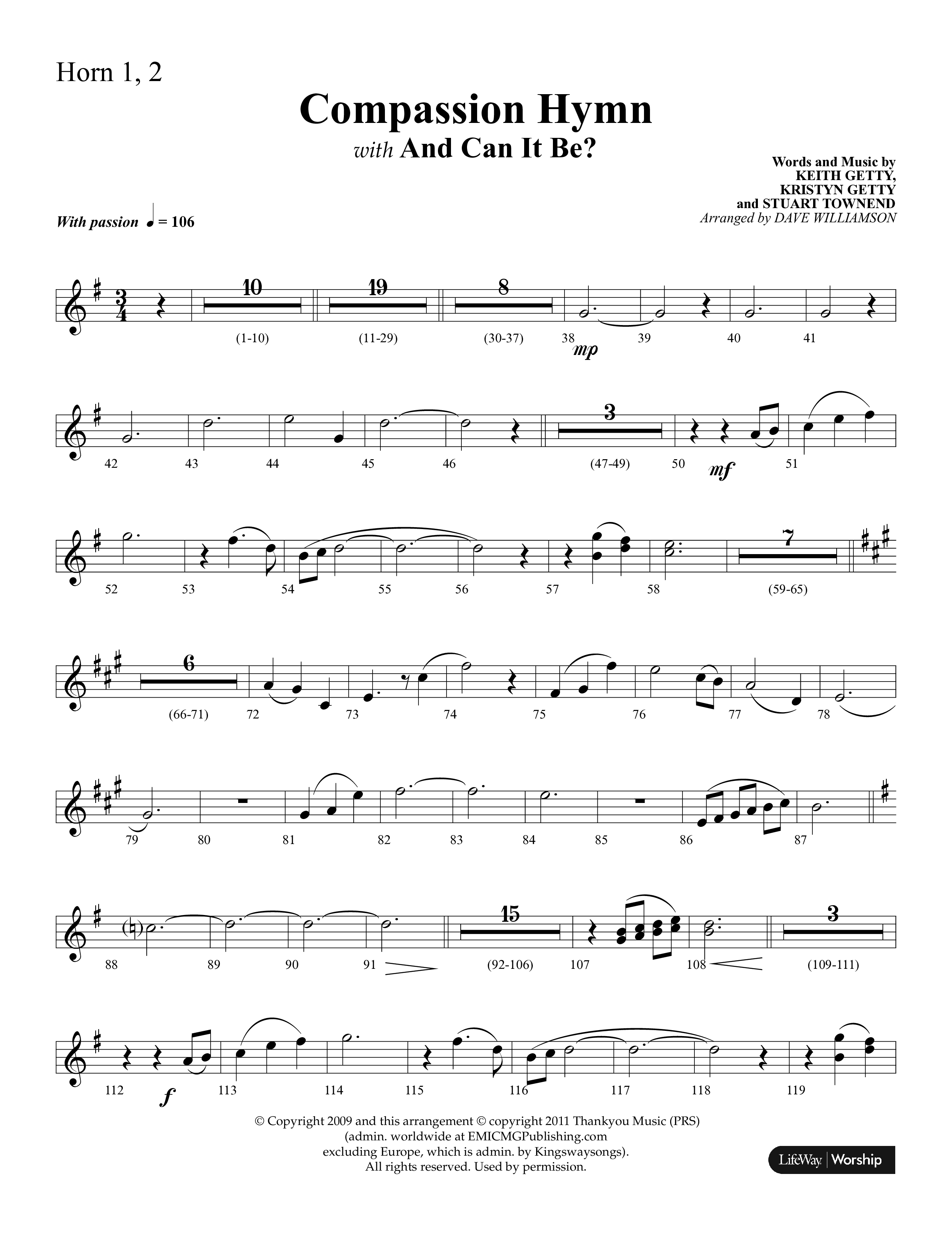 Compassion Hymn (with And Can It Be) (Choral Anthem SATB) French Horn 1/2 (Lifeway Choral / Arr. Dave Williamson)