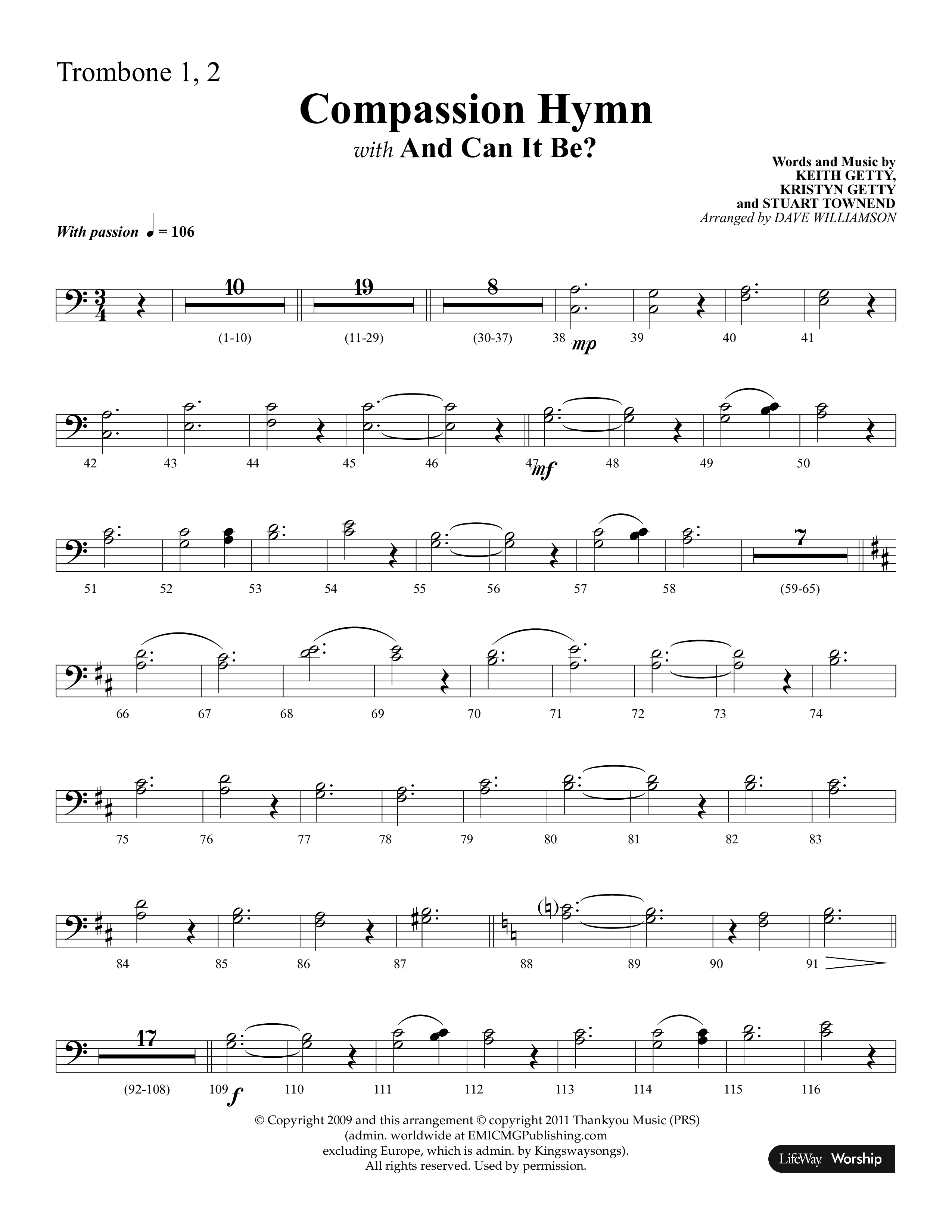Compassion Hymn (with And Can It Be) (Choral Anthem SATB) Trombone 1/2 (Lifeway Choral / Arr. Dave Williamson)