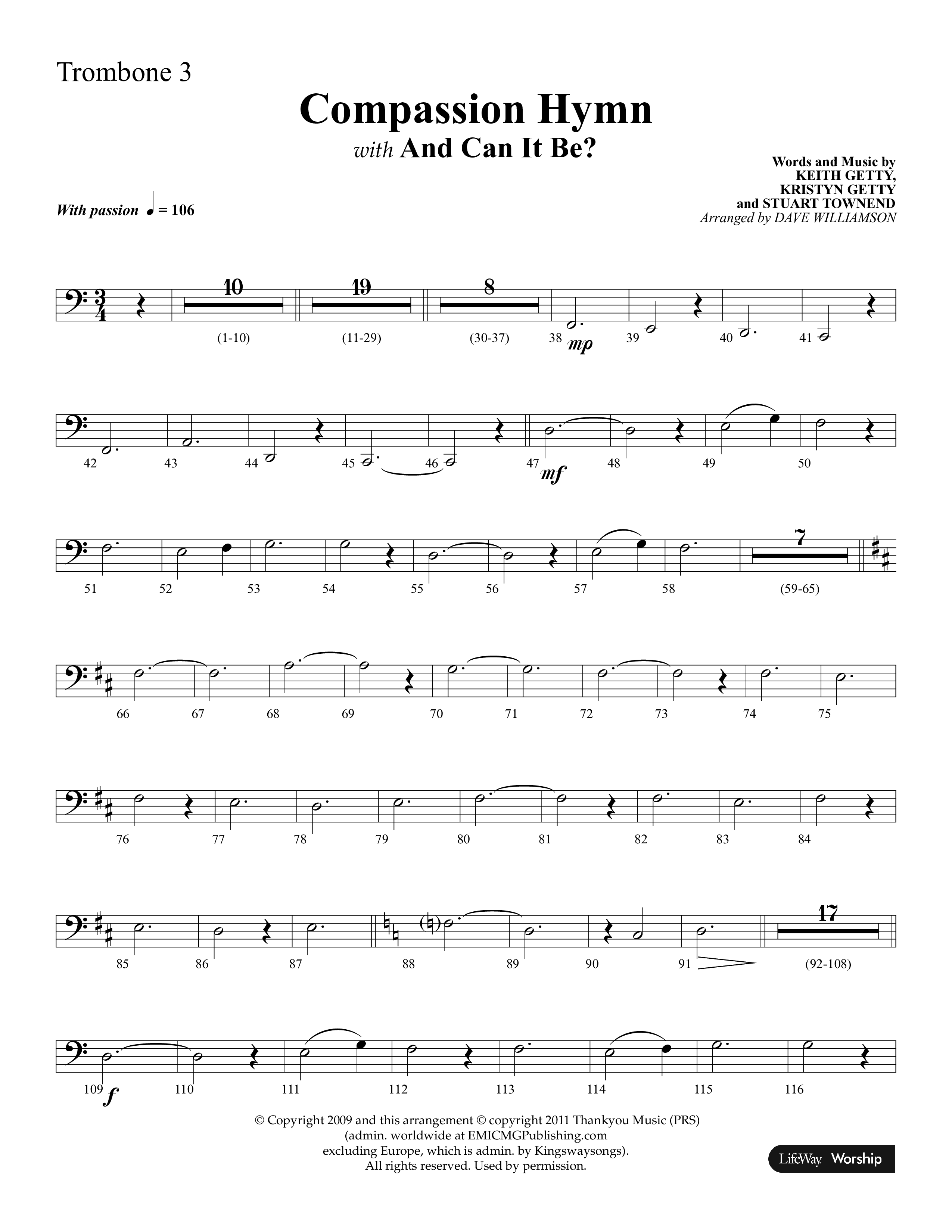 Compassion Hymn (with And Can It Be) (Choral Anthem SATB) Trombone 3 (Lifeway Choral / Arr. Dave Williamson)