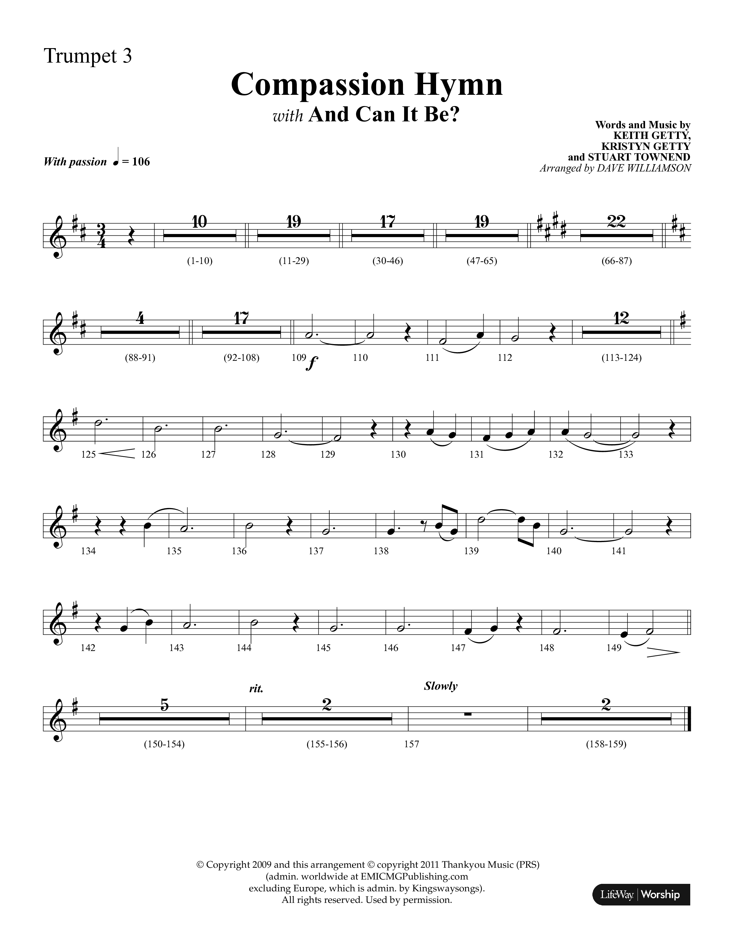 Compassion Hymn (with And Can It Be) (Choral Anthem SATB) Trumpet 3 (Lifeway Choral / Arr. Dave Williamson)