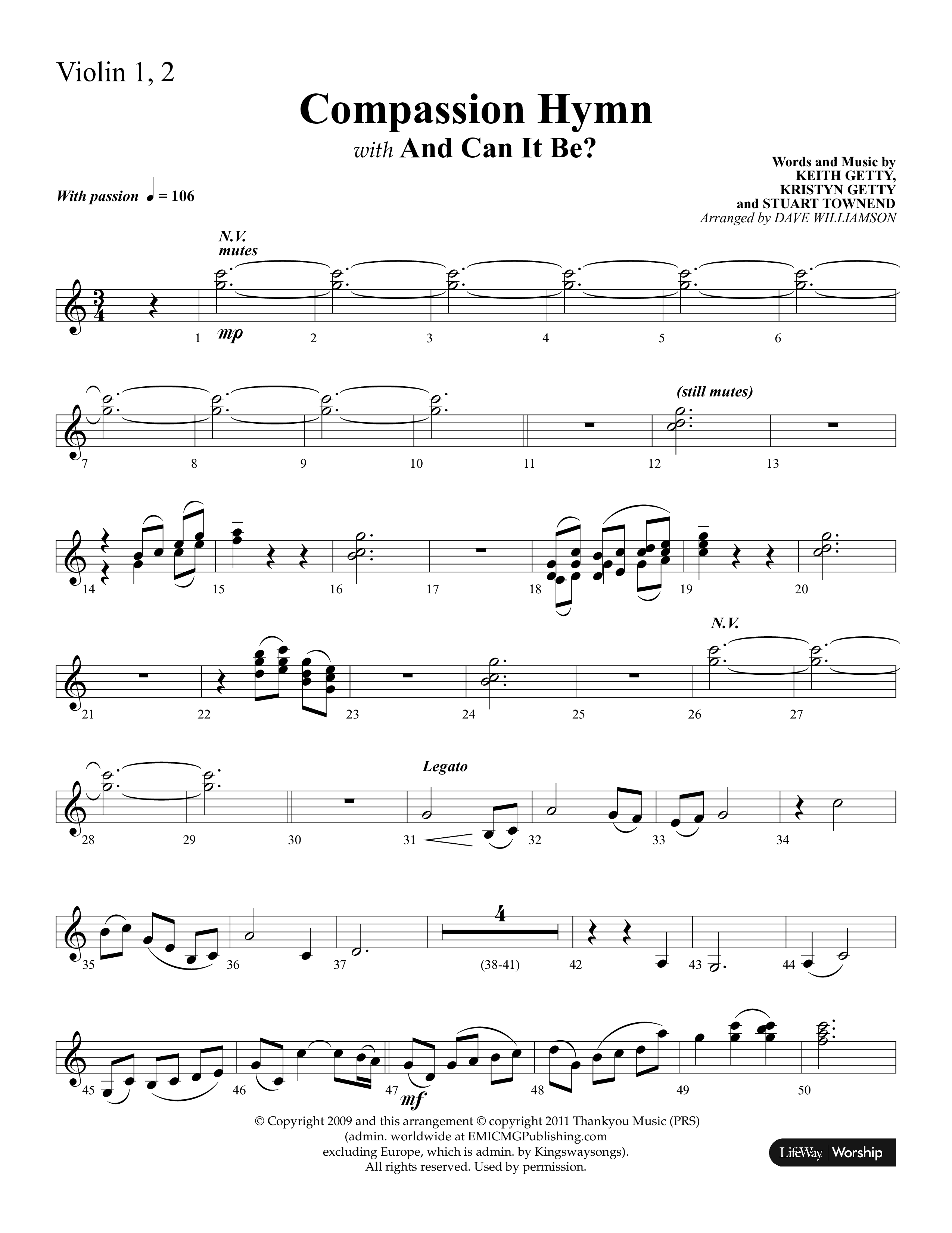 Compassion Hymn (with And Can It Be) (Choral Anthem SATB) Violin 1/2 (Lifeway Choral / Arr. Dave Williamson)