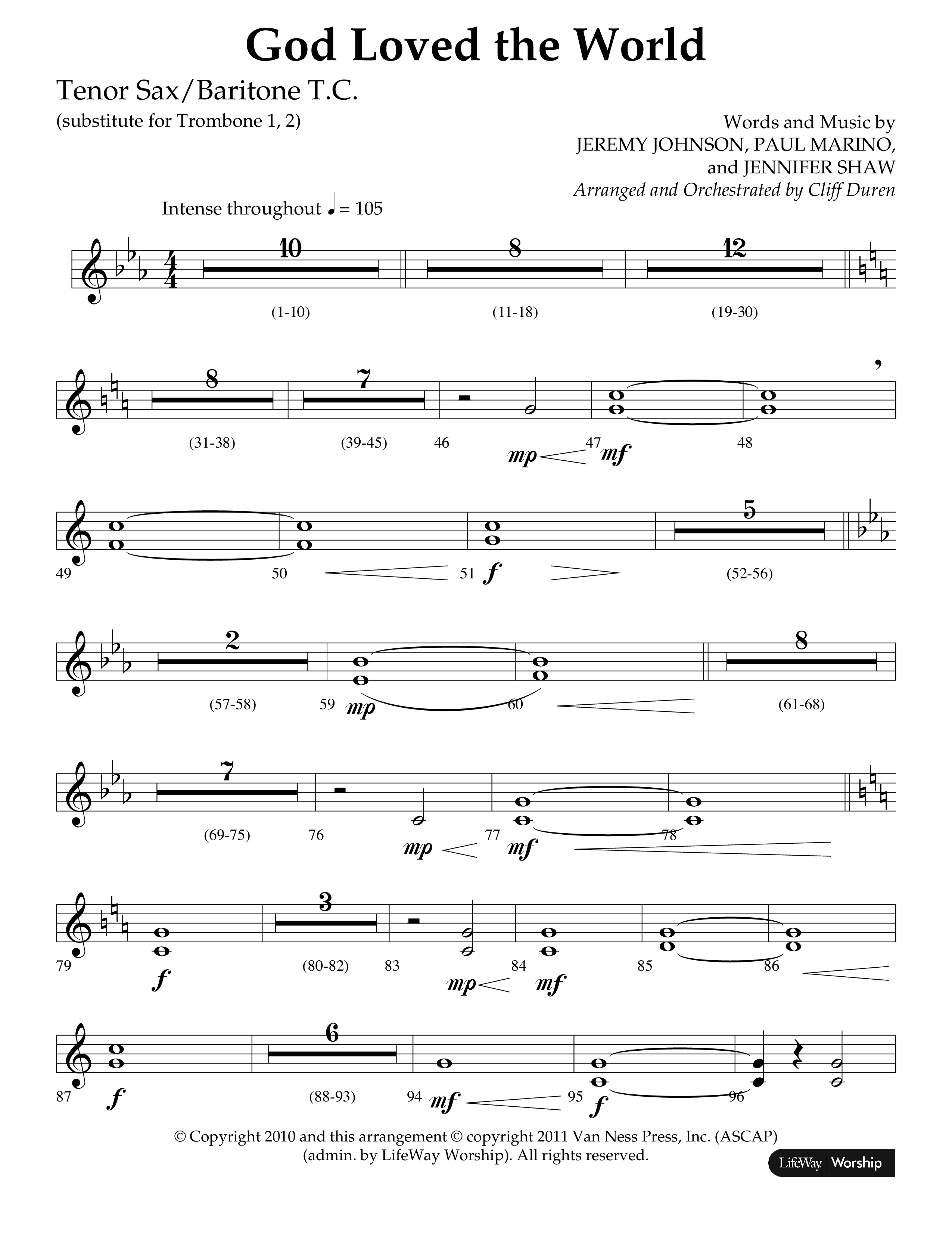 God Loved The World (Choral Anthem SATB) Tenor Sax/Baritone T.C. (Lifeway Choral / Arr. Cliff Duren)