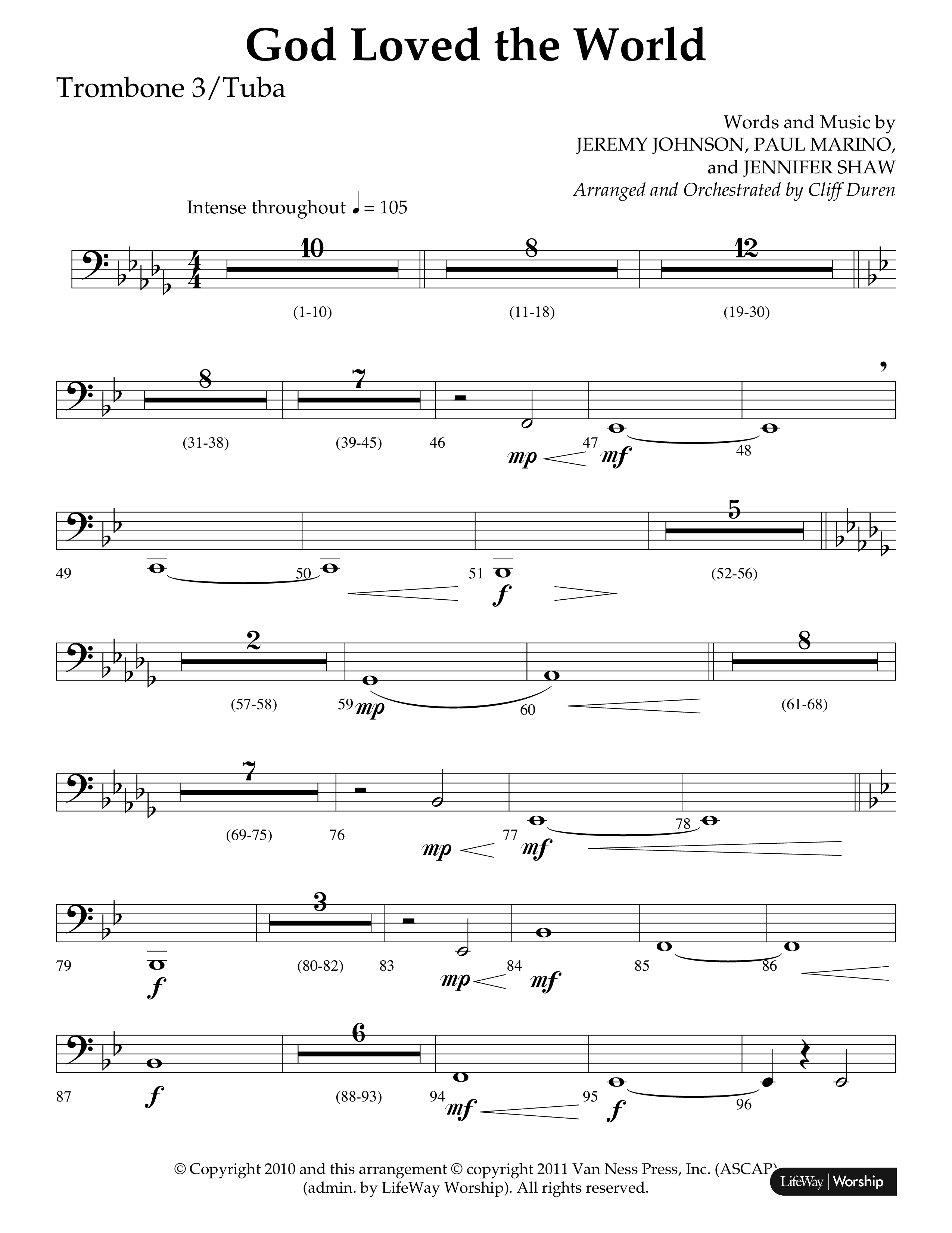 God Loved The World (Choral Anthem SATB) Trombone 3/Tuba (Lifeway Choral / Arr. Cliff Duren)