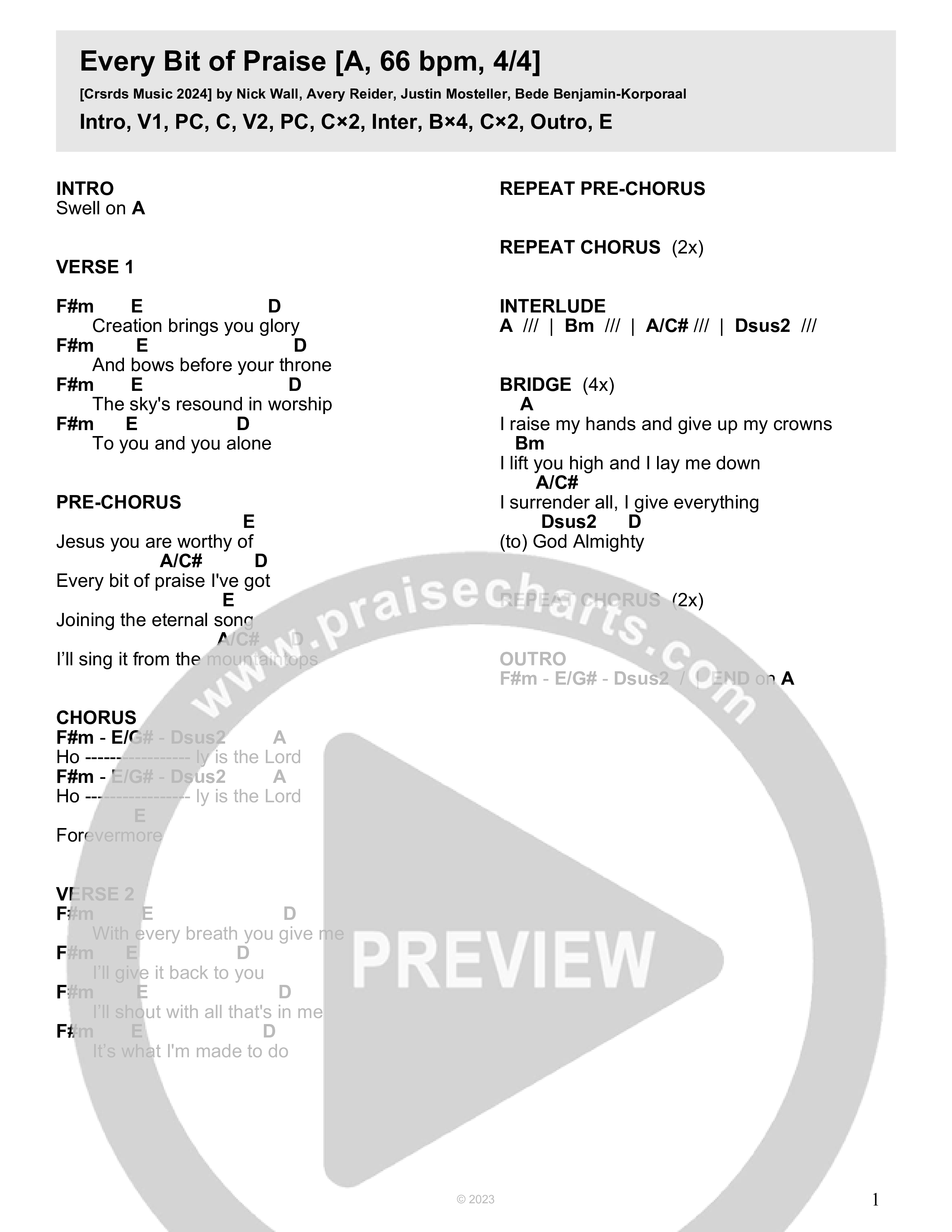 Every Bit Of Praise Chord Chart (Crossroads Music)