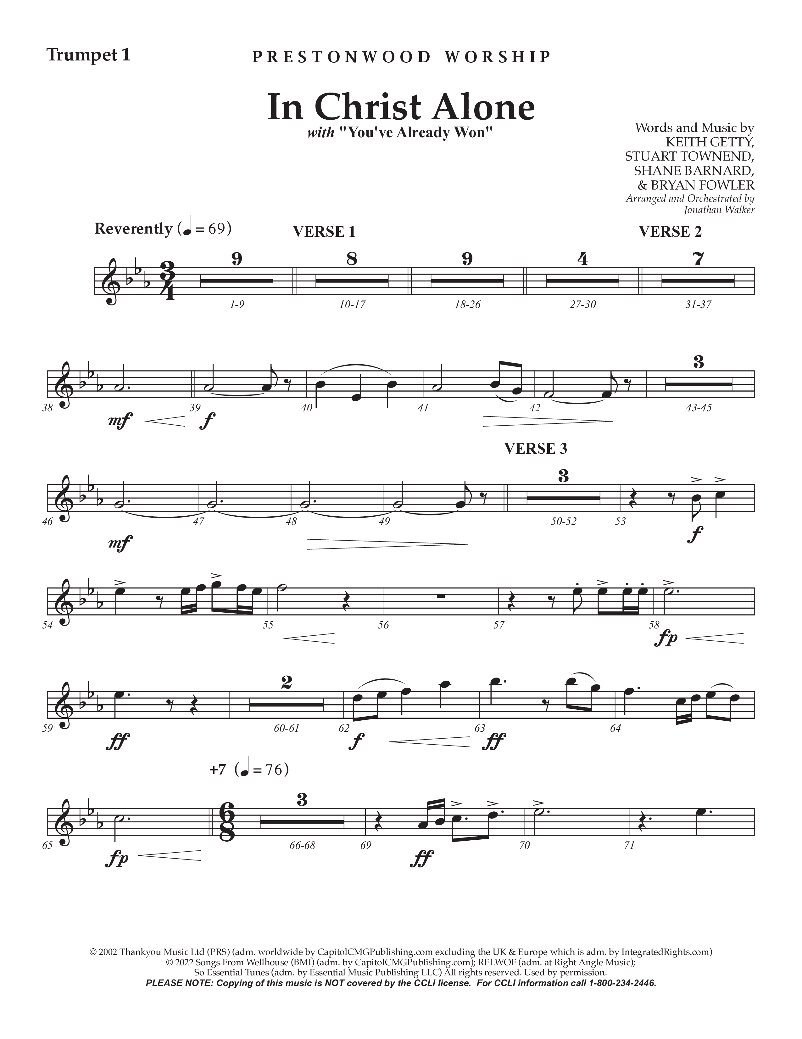 In Christ Alone with You've Already Won (Choral Anthem SATB) Trumpet 1 (Prestonwood Choir / Prestonwood Worship / Arr. Jonathan Walker)