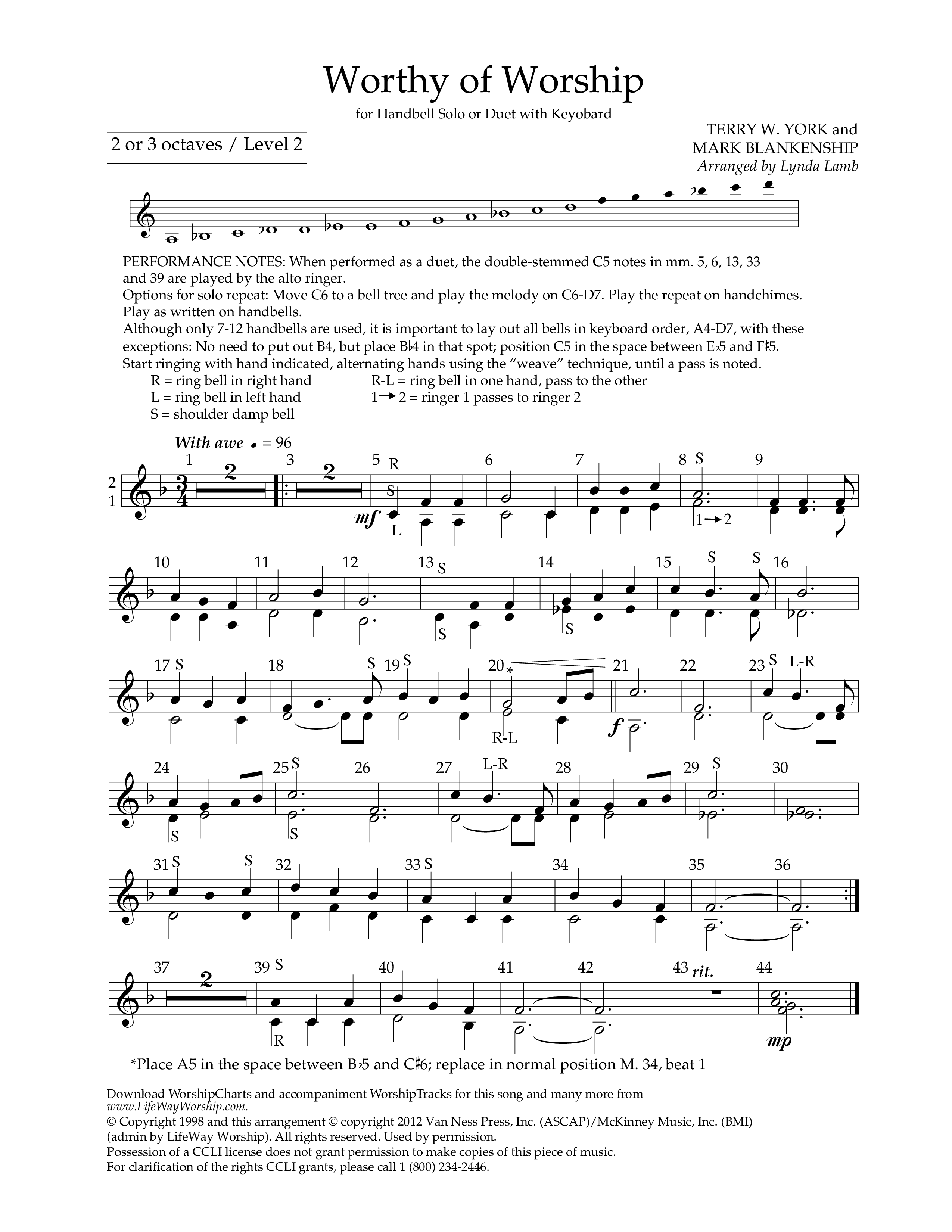 Worthy Of Worship (Handbells) Handbells (Lifeway Worship / Arr. Lynda Lamb)