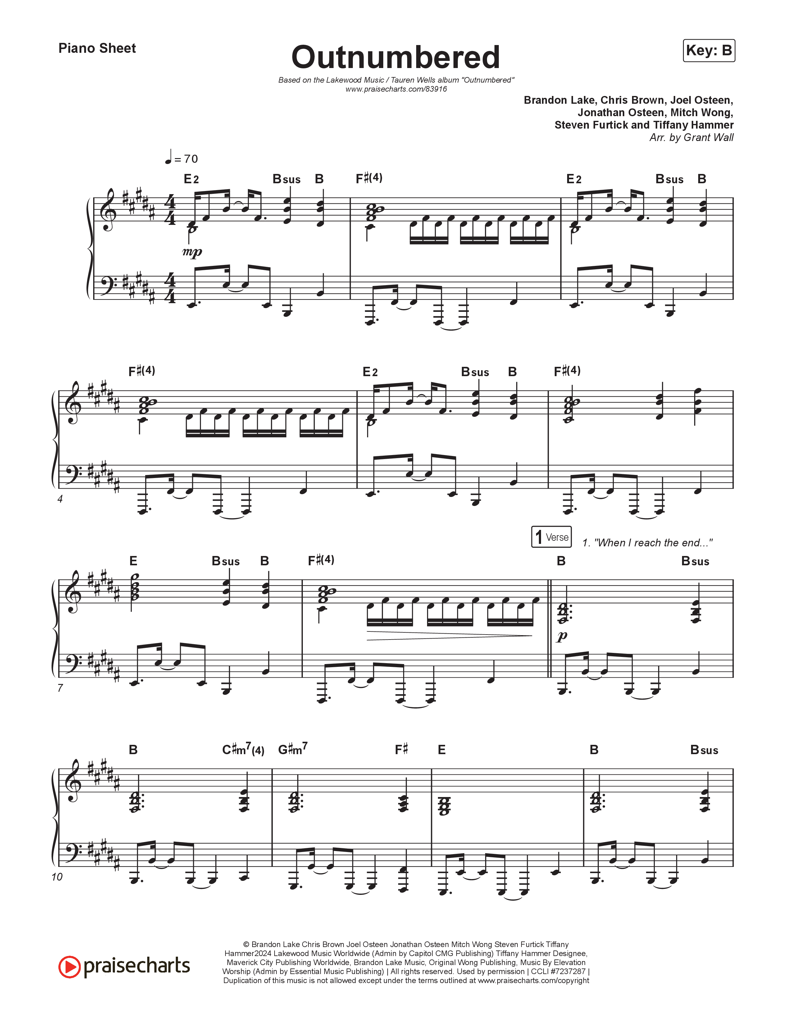 Outnumbered Piano Sheet (Lakewood Music / Tauren Wells)