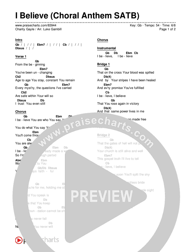I Believe (Choral Anthem SATB) Chords & Lyrics (Charity Gayle / Arr. Luke Gambill)