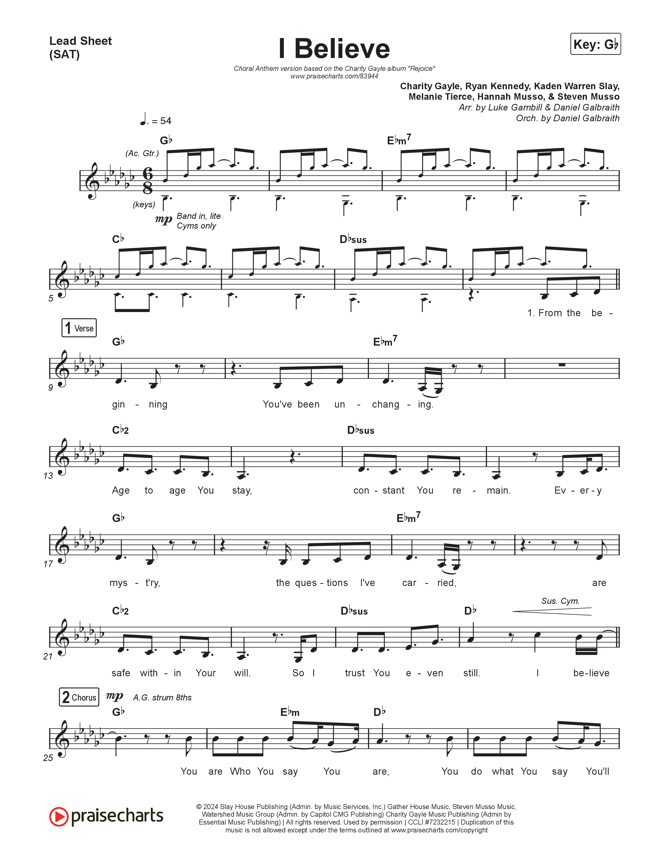 I Believe (Choral Anthem SATB) Lead Sheet (SAT) (Charity Gayle / Arr. Luke Gambill)