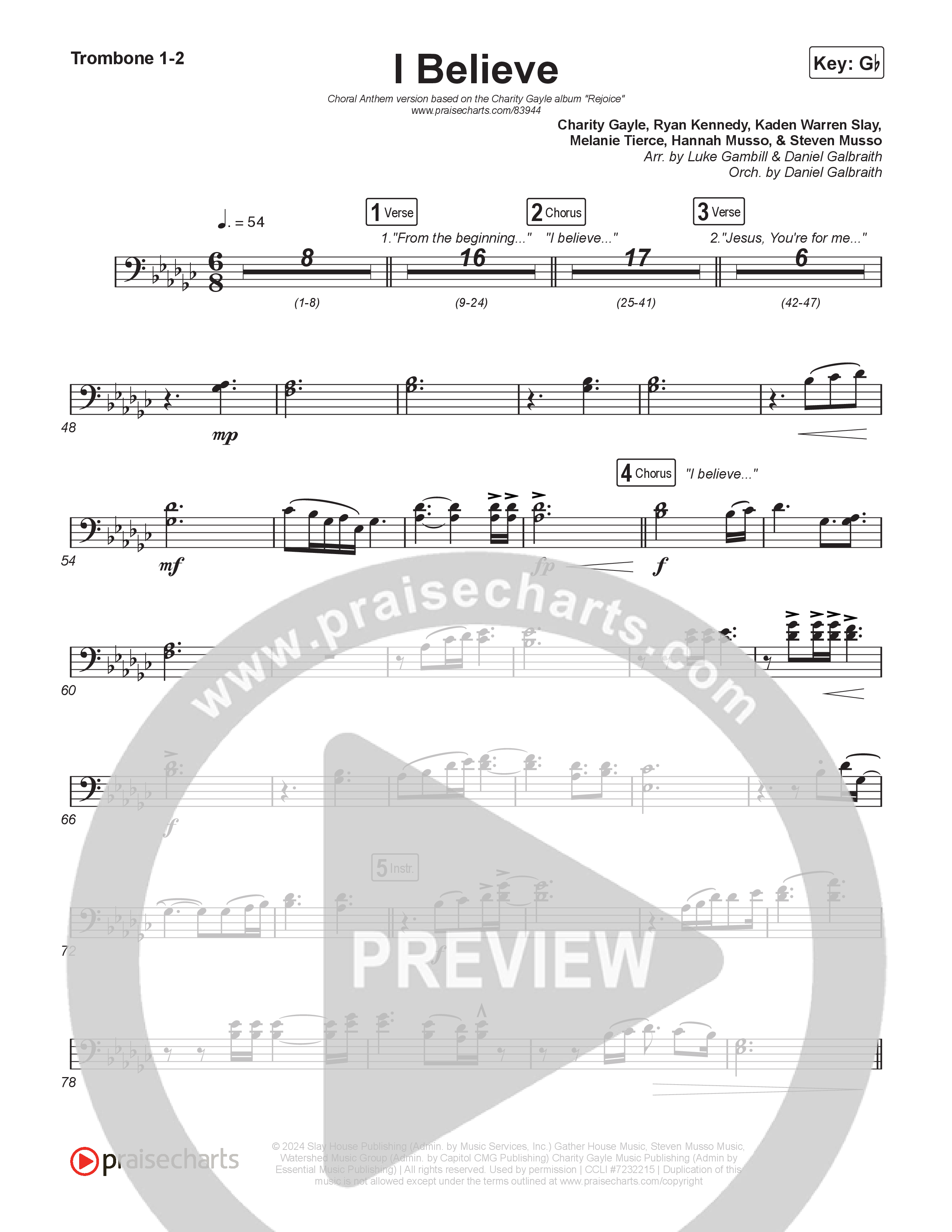 I Believe (Choral Anthem SATB) Trombone 1/2 (Charity Gayle / Arr. Luke Gambill)