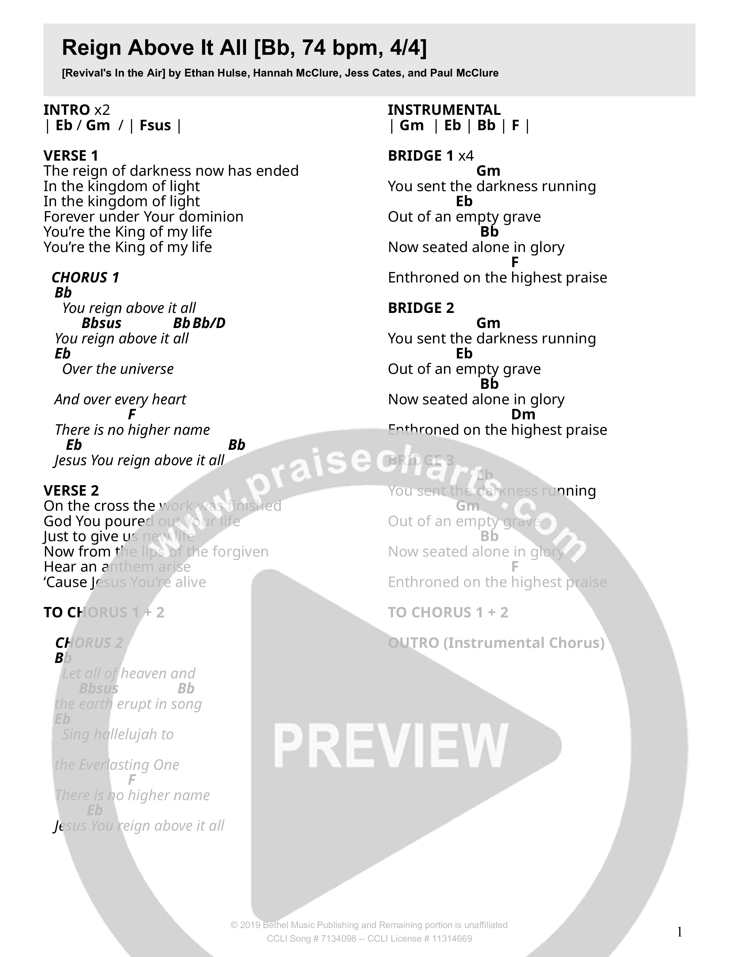 Reign Above It All (Live) Chord Chart (Branches Worship)