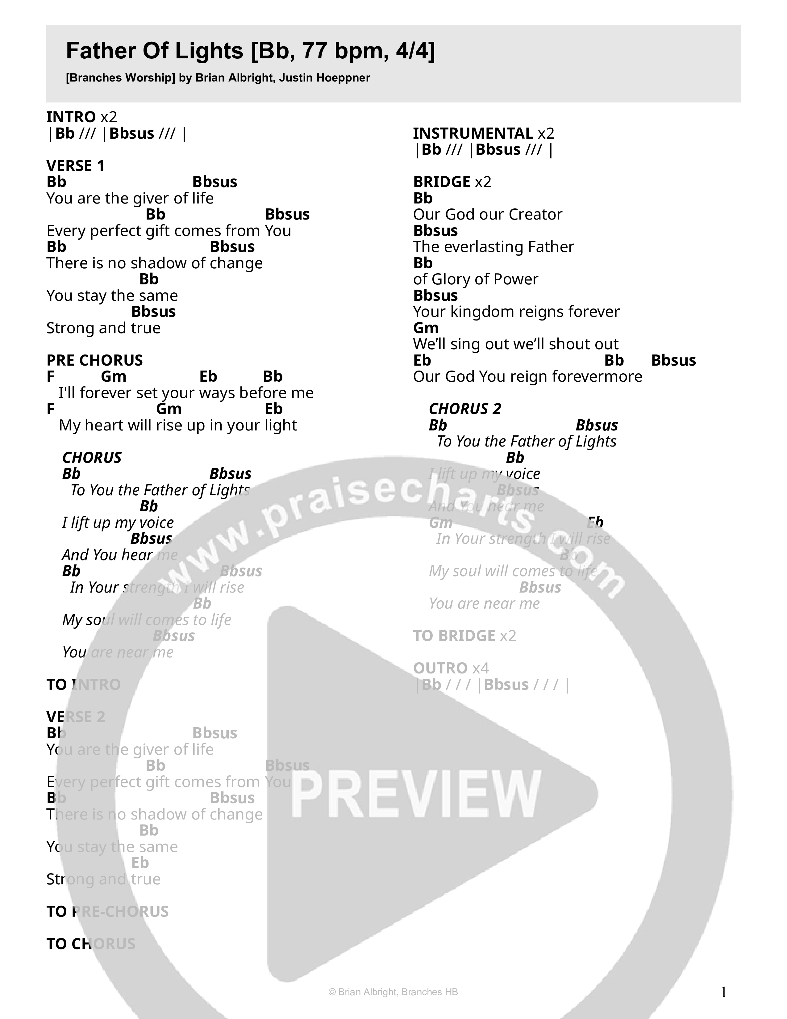 Father Of Lights (Live) Chord Chart (Branches Worship)