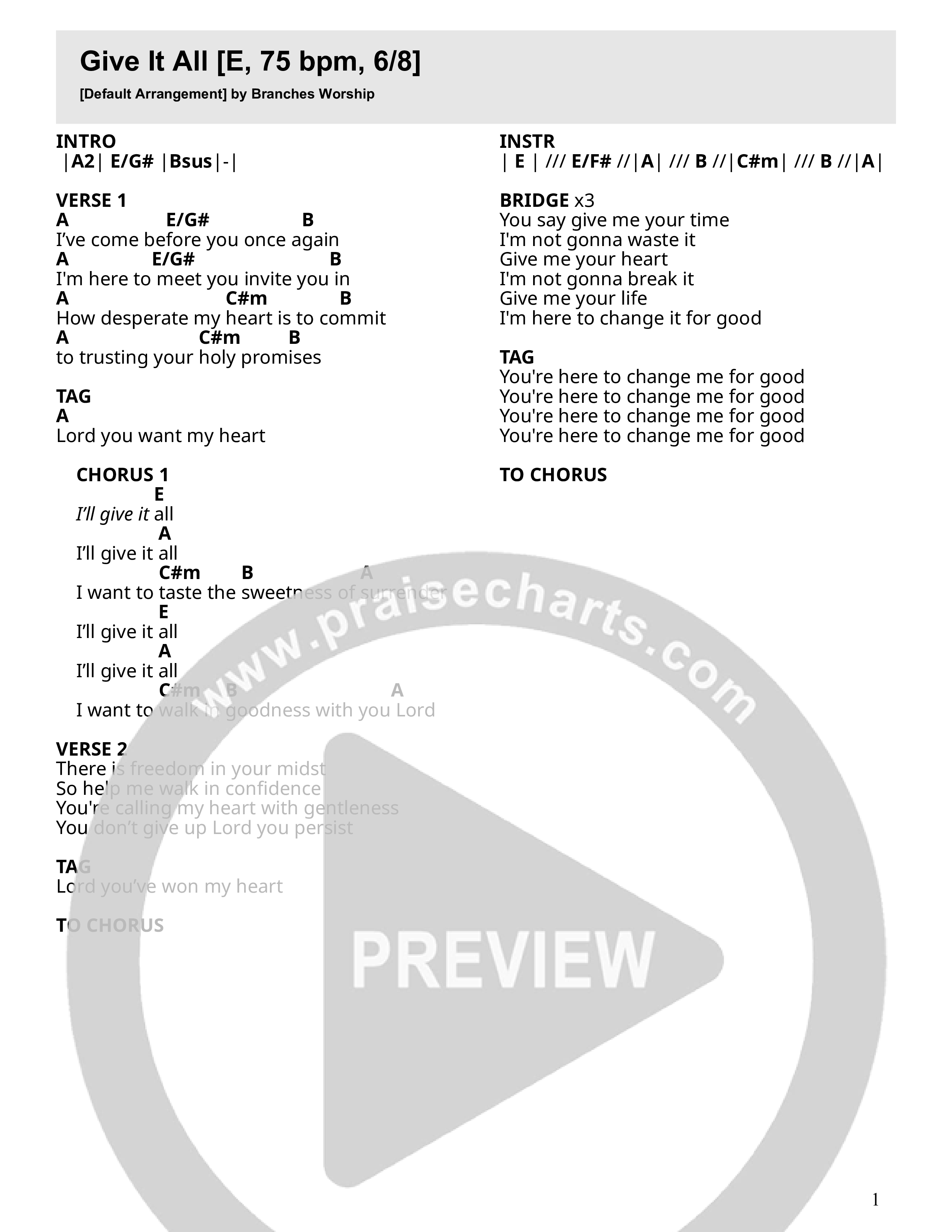 GIve It All (Live) Chord Chart (Branches Worship)