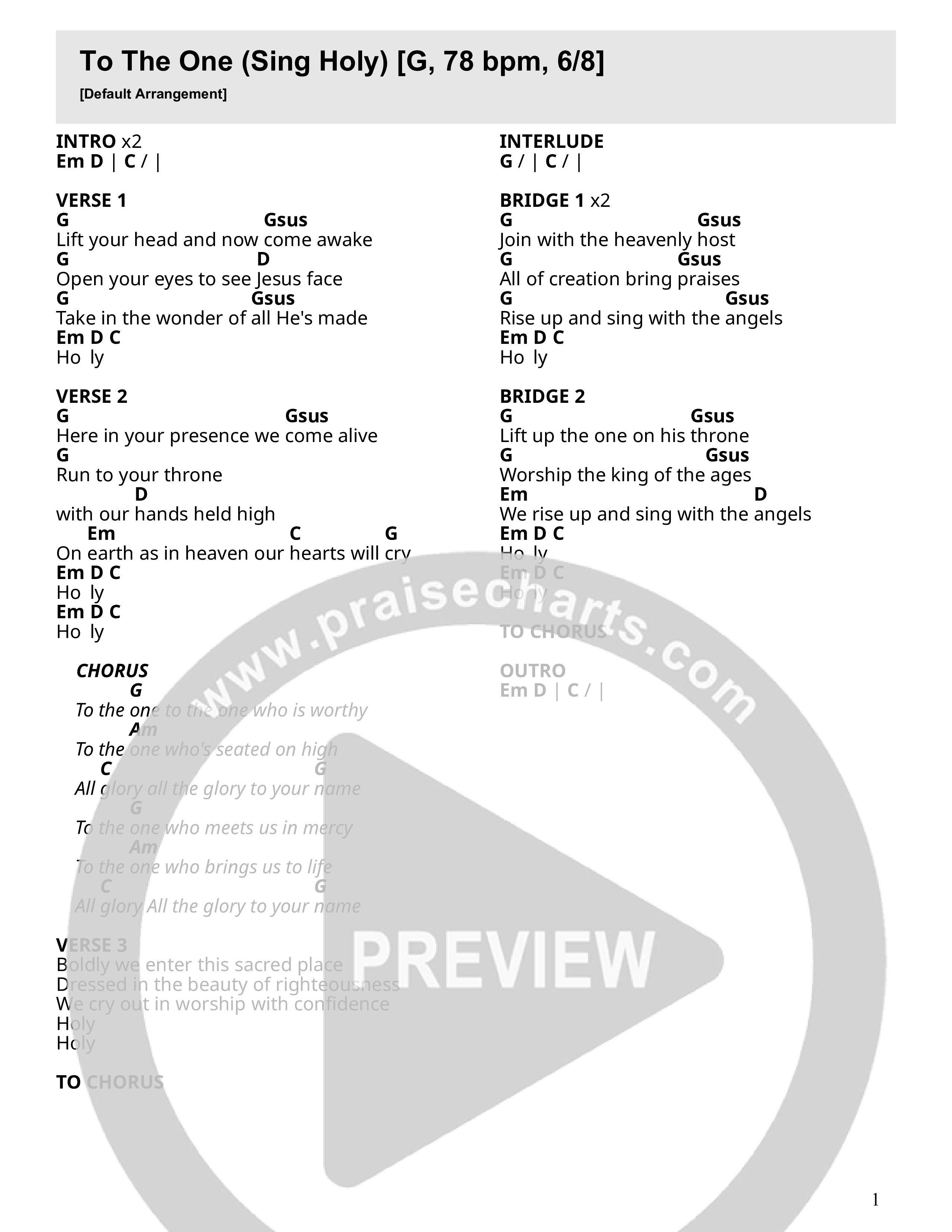 To The One (Sing Holy) (Live) Chord Chart (Branches Worship)