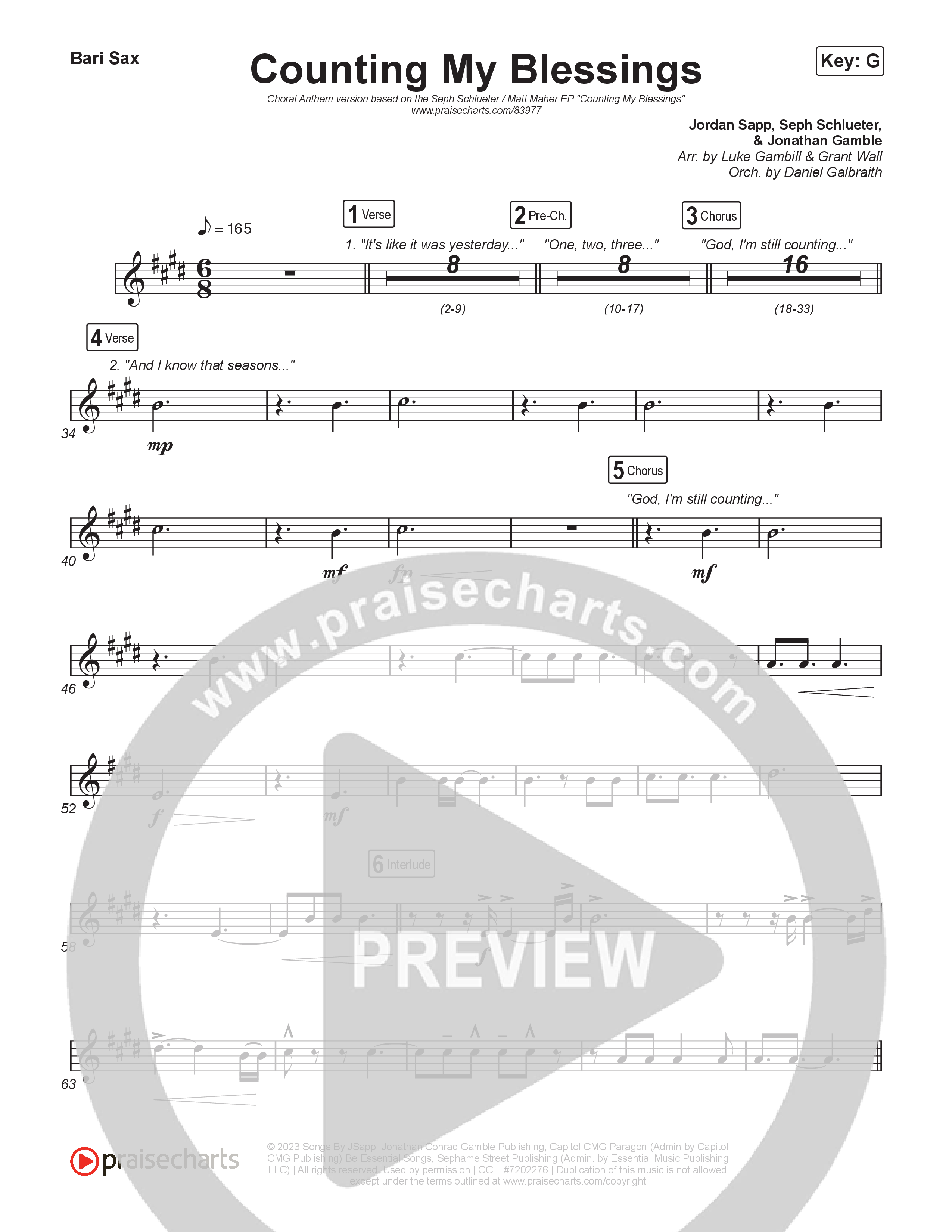 Counting My Blessings (Choral Anthem SATB) Bari Sax (Seph Schlueter / Matt Maher / Arr. Luke Gambill)