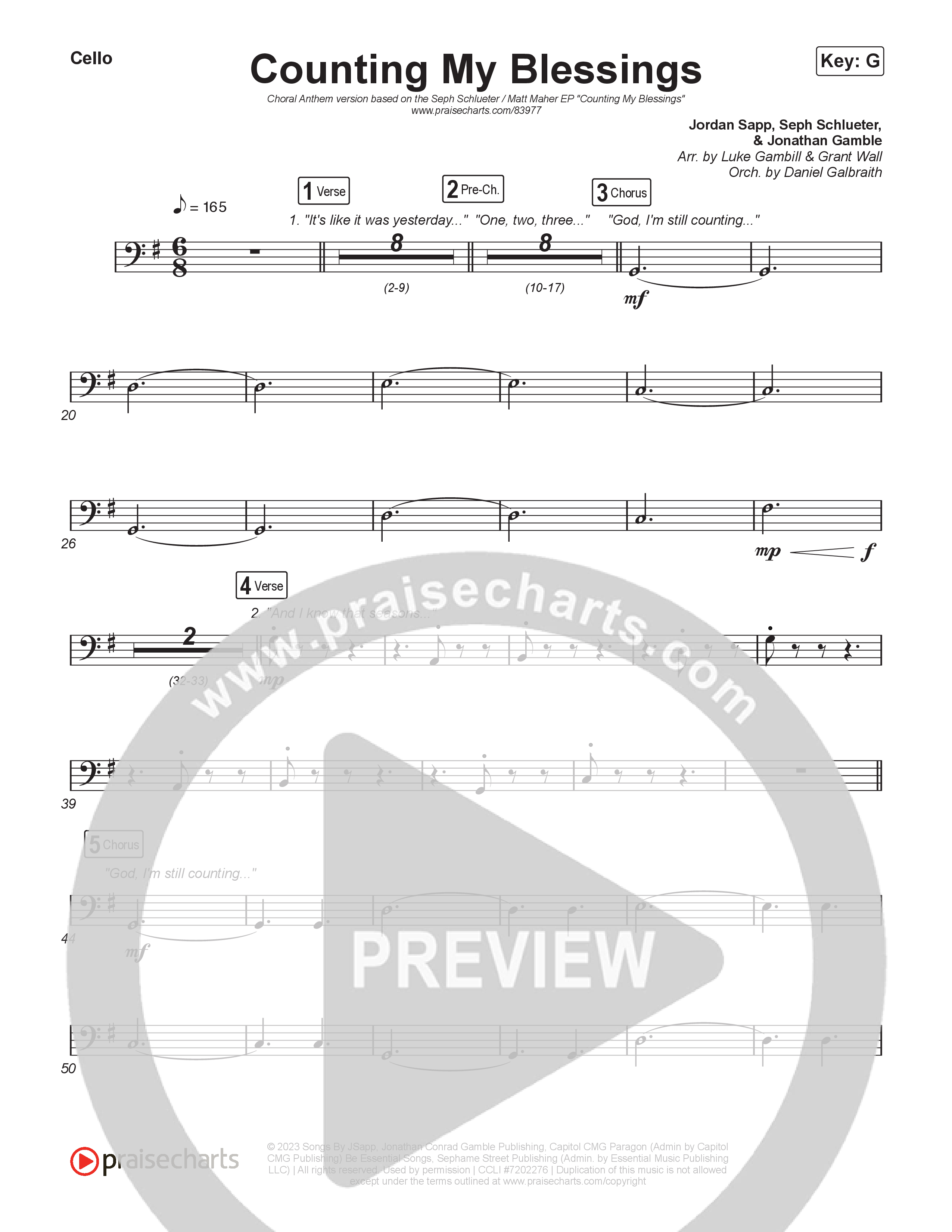 Counting My Blessings (Choral Anthem SATB) Cello (Seph Schlueter / Matt Maher / Arr. Luke Gambill)