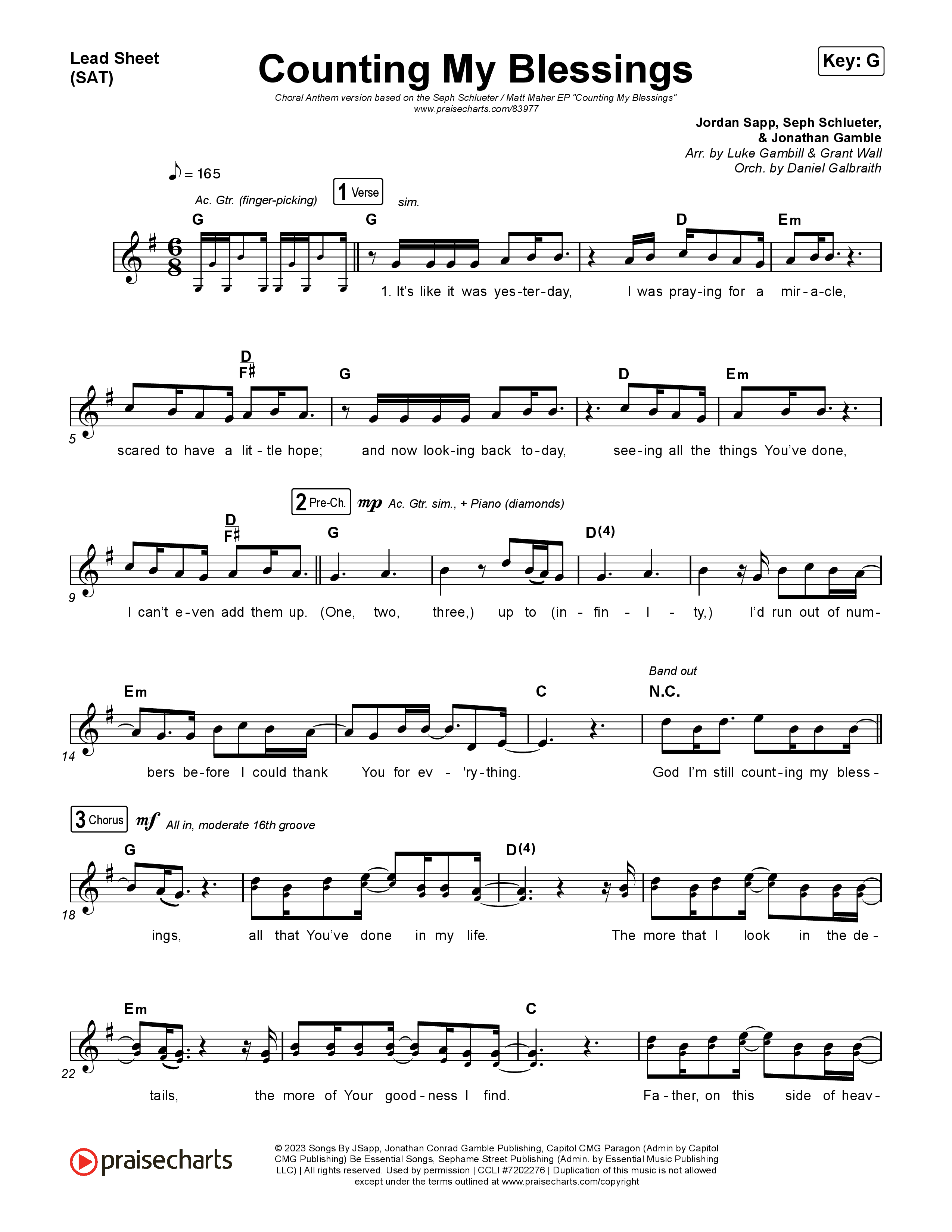 Counting My Blessings (Choral Anthem SATB) Lead Sheet (SAT) (Seph Schlueter / Matt Maher / Arr. Luke Gambill)
