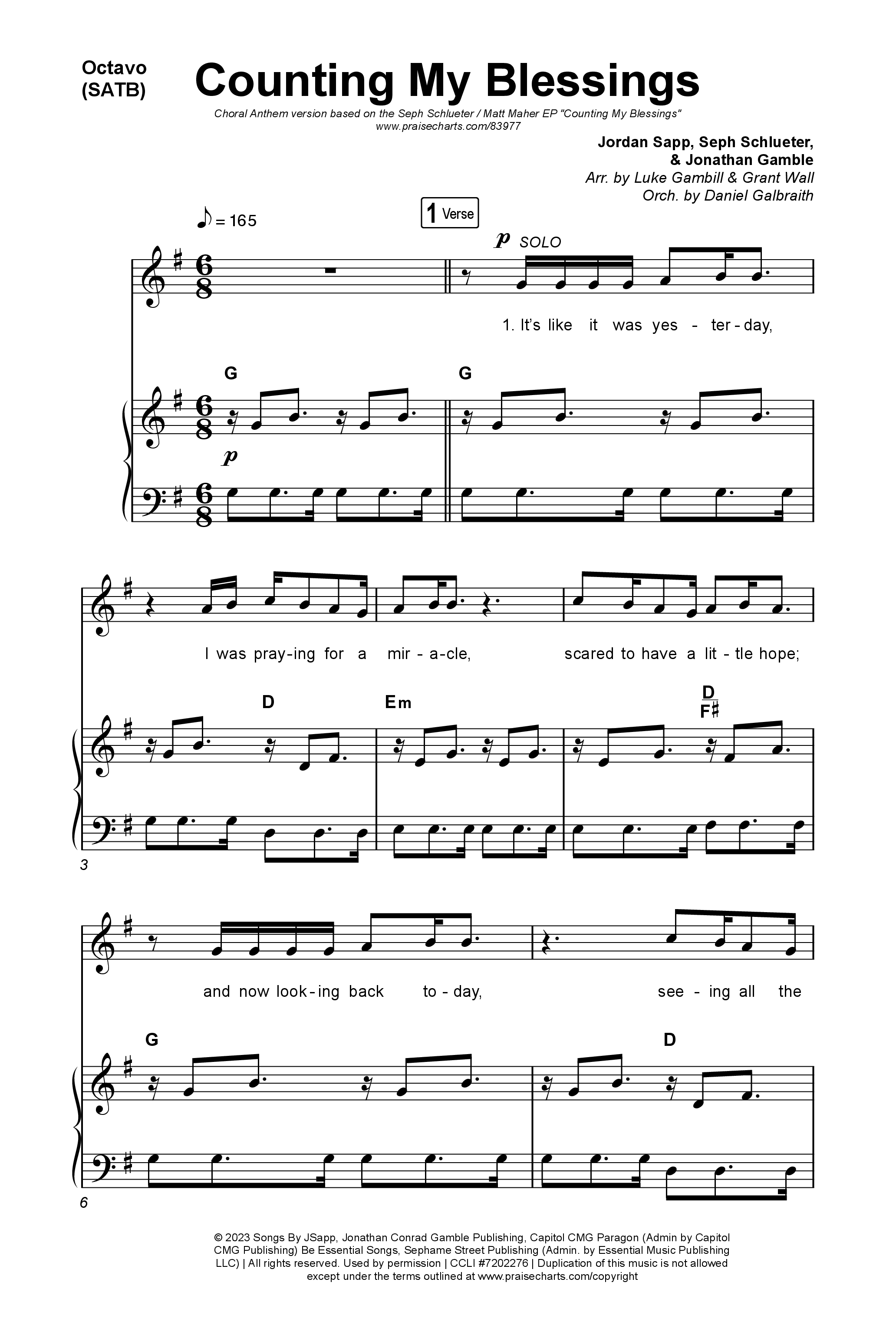 Counting My Blessings (Choral Anthem SATB) Octavo (SATB & Pno) (Seph Schlueter / Matt Maher / Arr. Luke Gambill)