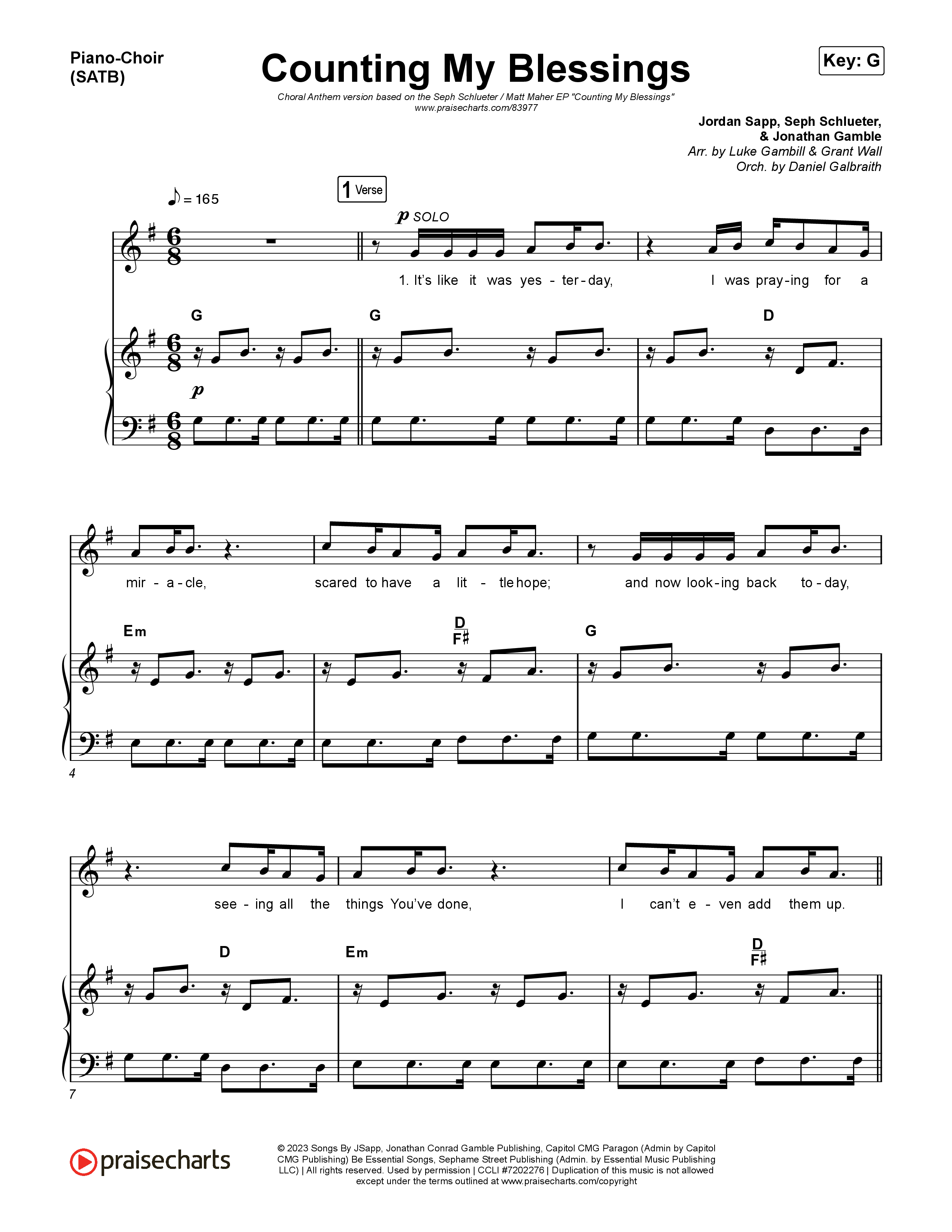 Counting My Blessings (Choral Anthem SATB) Piano/Vocal (SATB) (Seph Schlueter / Matt Maher / Arr. Luke Gambill)
