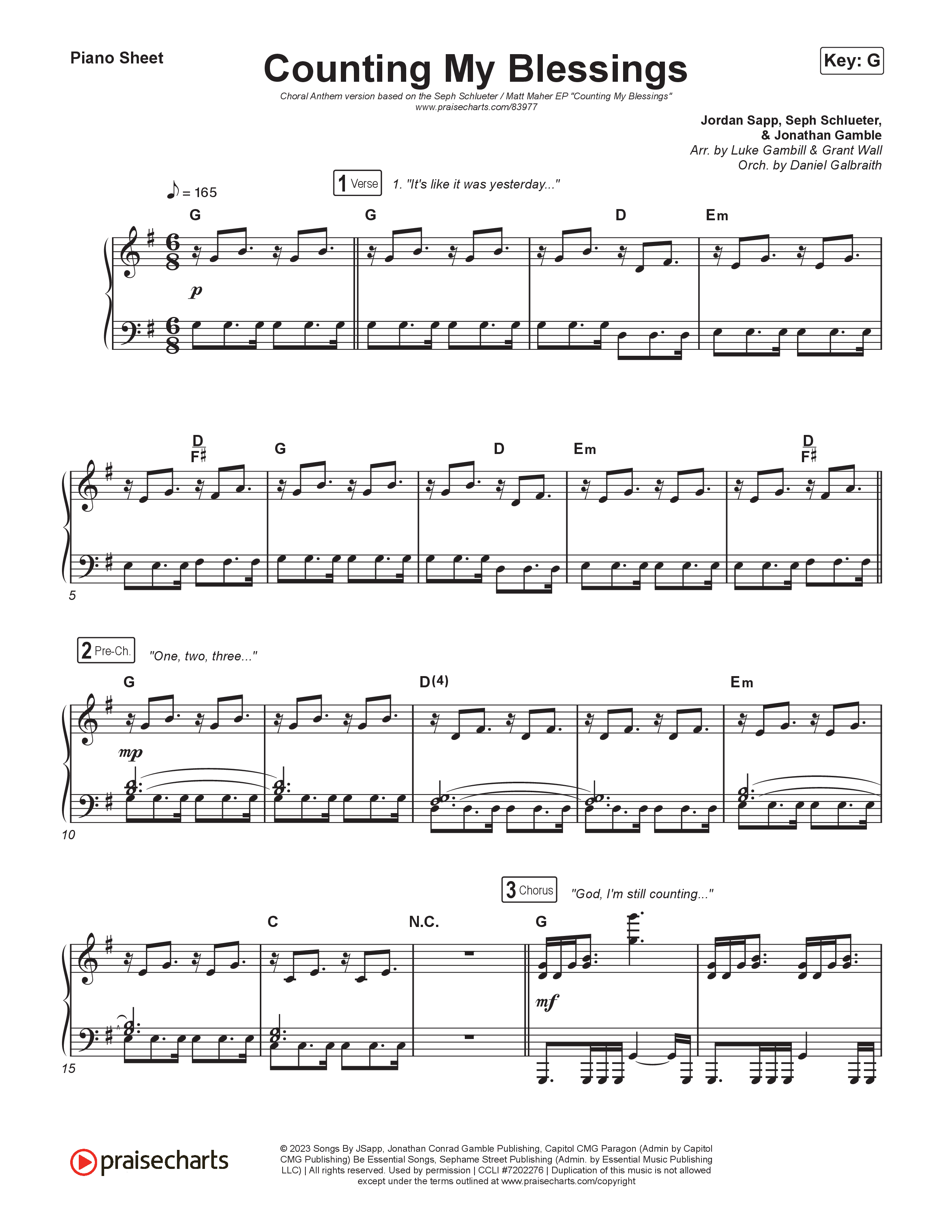 Counting My Blessings (Choral Anthem SATB) Piano Sheet (Seph Schlueter / Matt Maher / Arr. Luke Gambill)