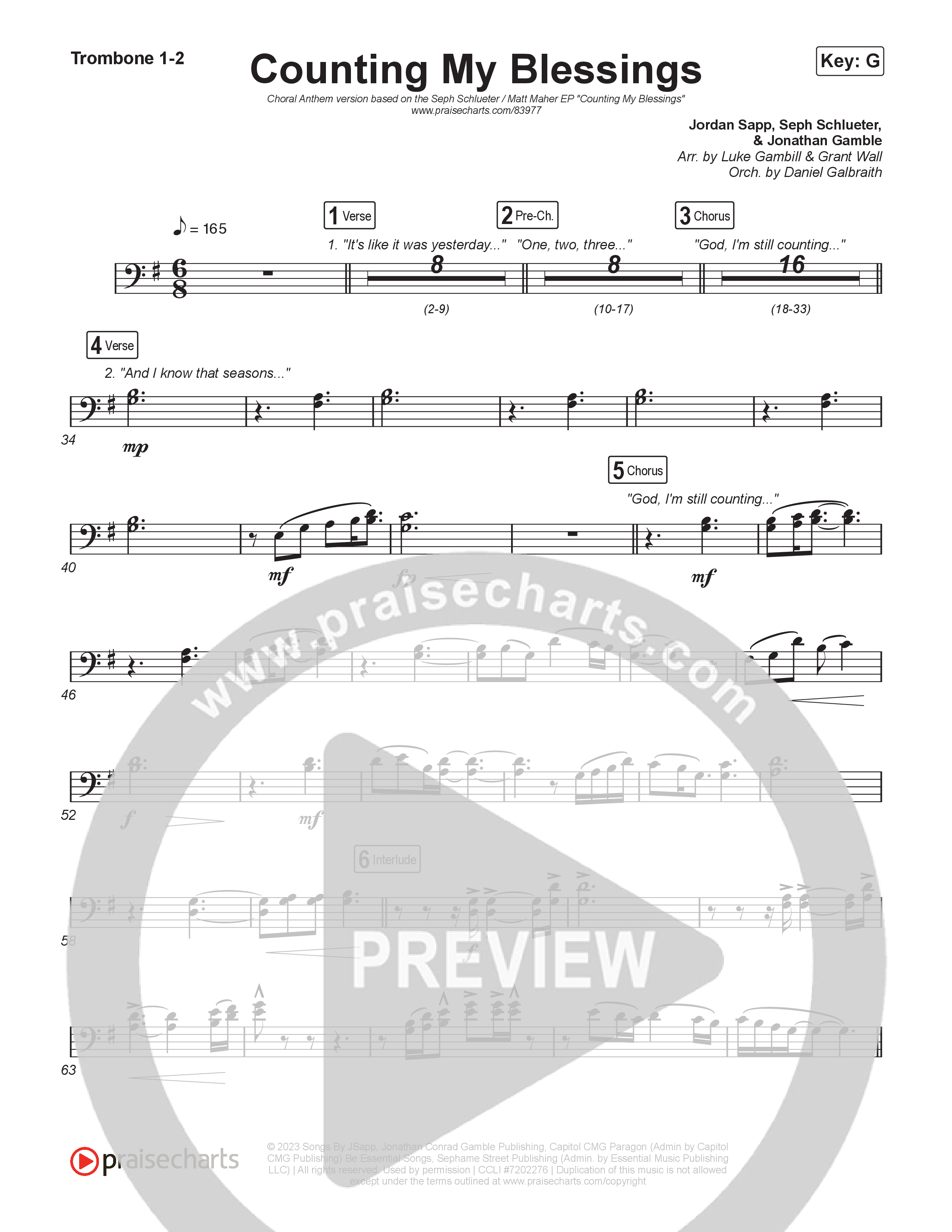 Counting My Blessings (Choral Anthem SATB) Trombone 1,2 (Seph Schlueter / Matt Maher / Arr. Luke Gambill)