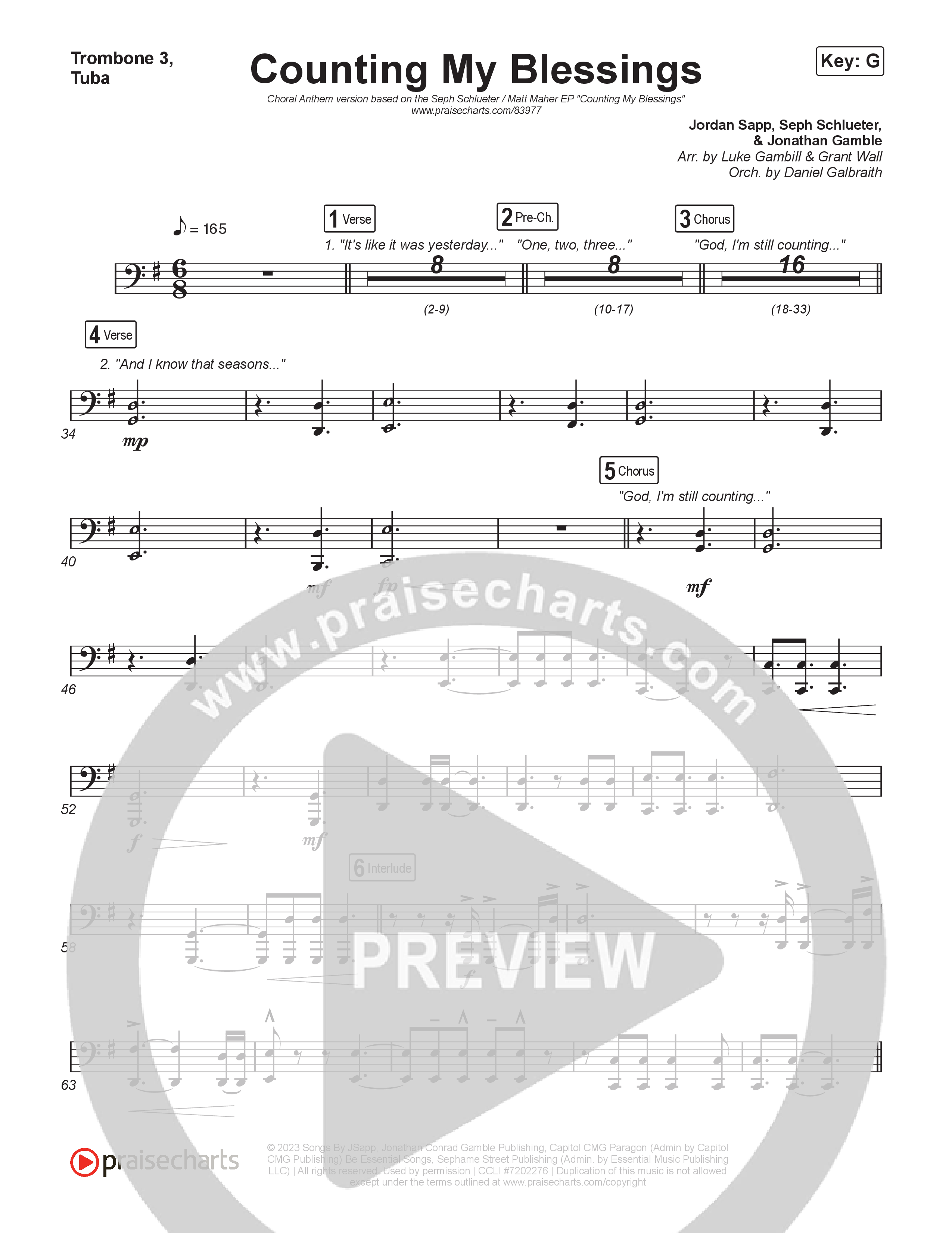 Counting My Blessings (Choral Anthem SATB) Trombone 1,2 (Seph Schlueter / Matt Maher / Arr. Luke Gambill)