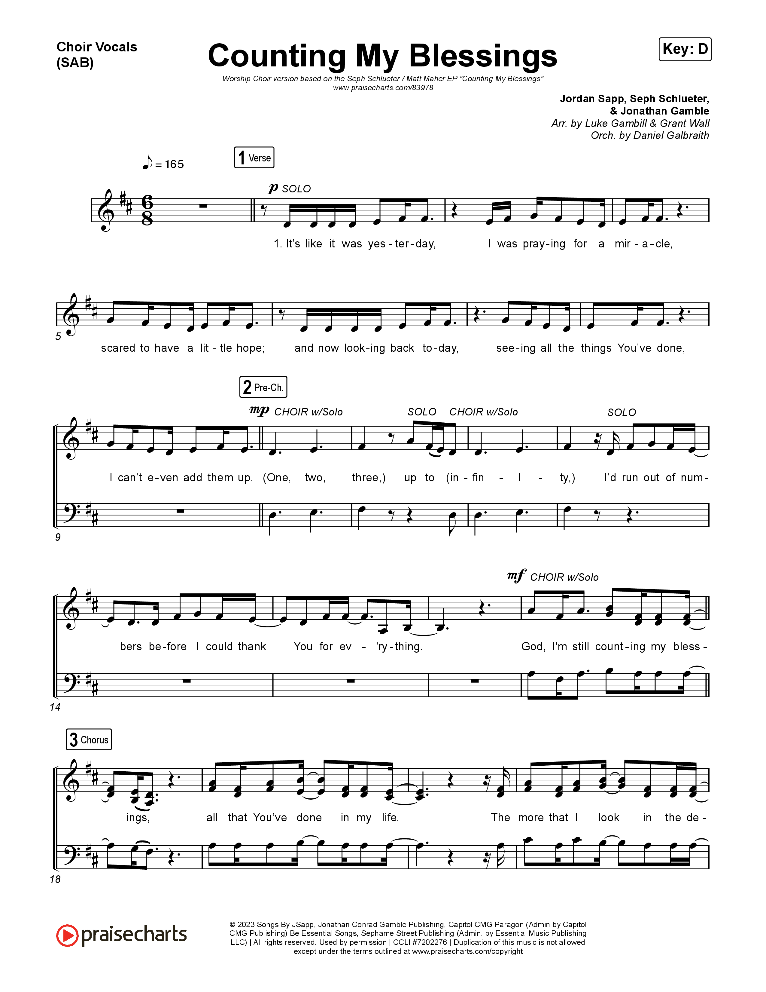 Counting My Blessings (Worship Choir/SAB) Choir Sheet (SAB) (Seph Schlueter / Matt Maher / Arr. Luke Gambill)