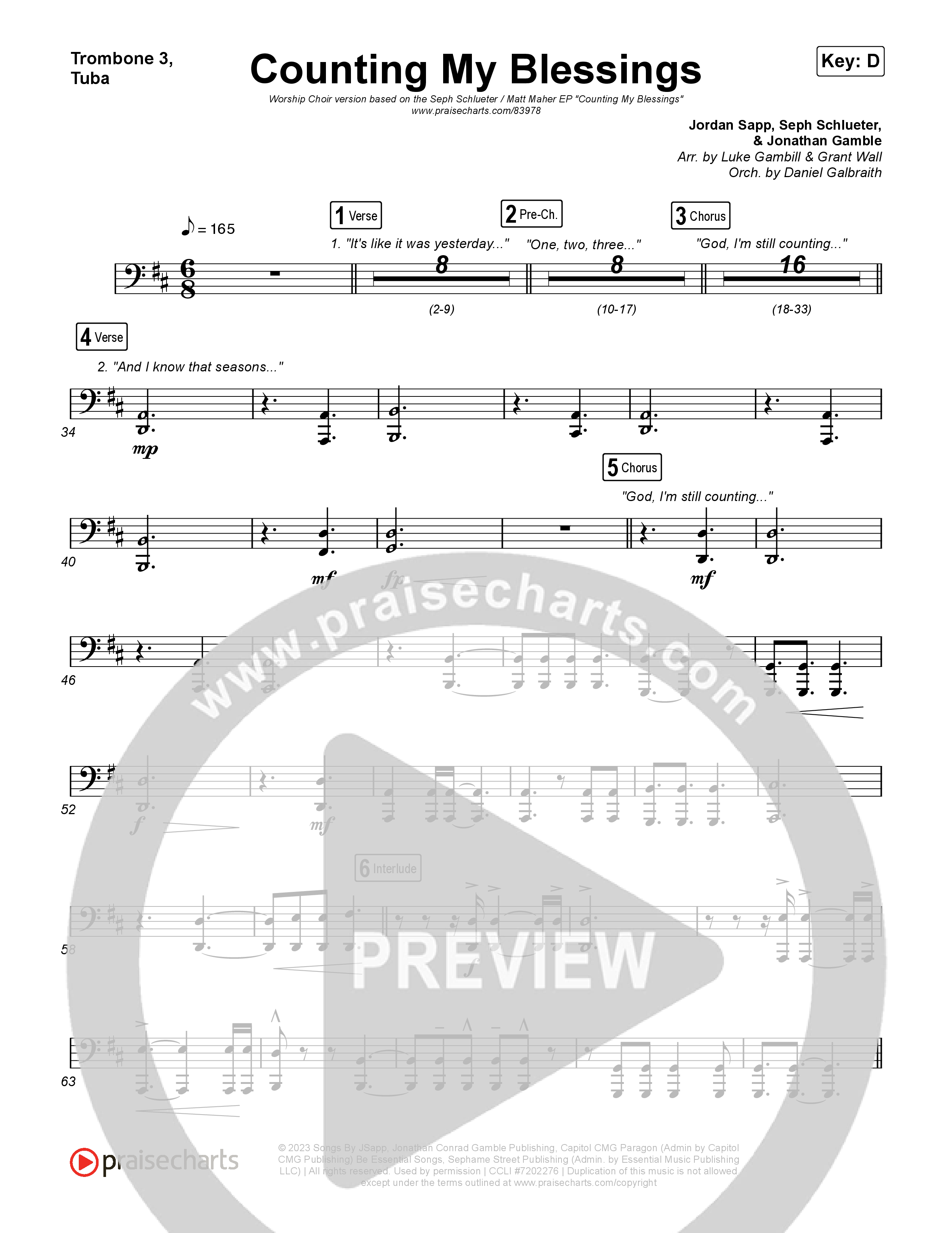 Counting My Blessings (Worship Choir/SAB) Trombone 3/Tuba (Seph Schlueter / Matt Maher / Arr. Luke Gambill)