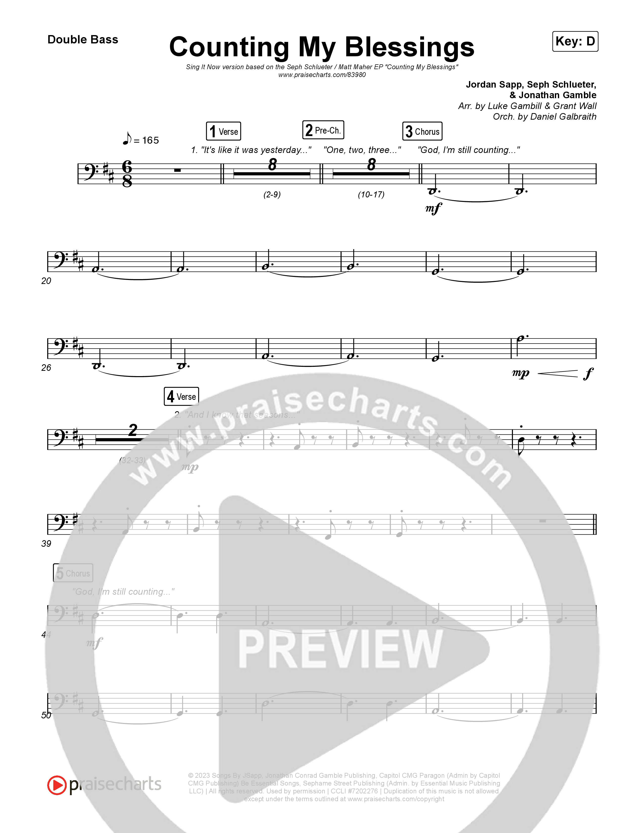 Counting My Blessings (Sing It Now) Double Bass (Seph Schlueter / Matt Maher / Arr. Luke Gambill)