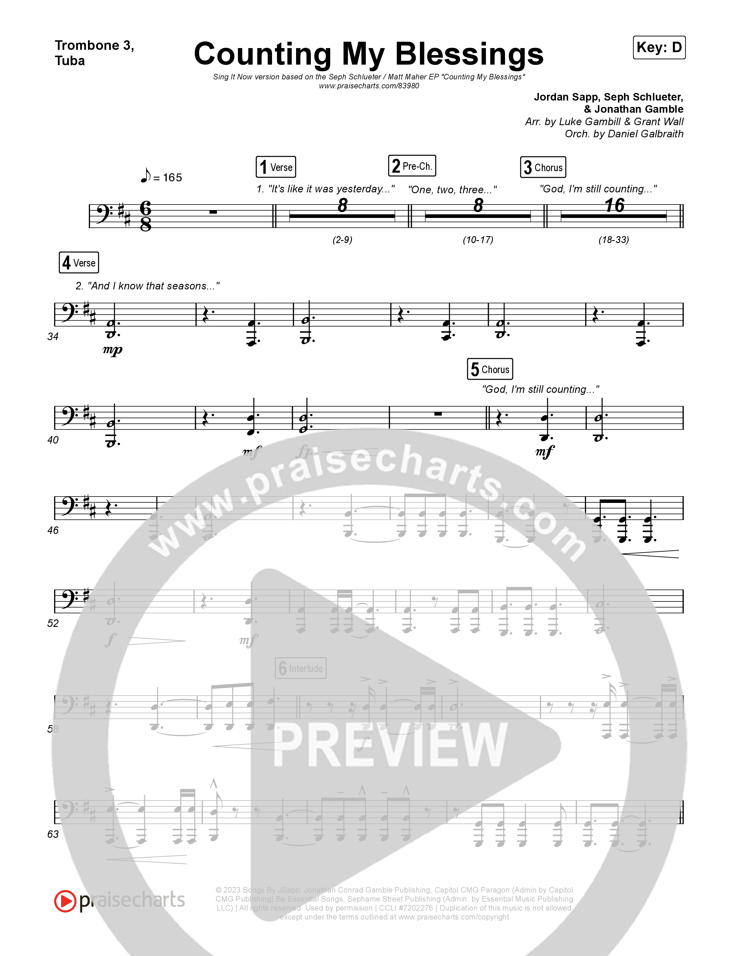 Counting My Blessings (Sing It Now) Trombone 3/Tuba (Seph Schlueter / Matt Maher / Arr. Luke Gambill)