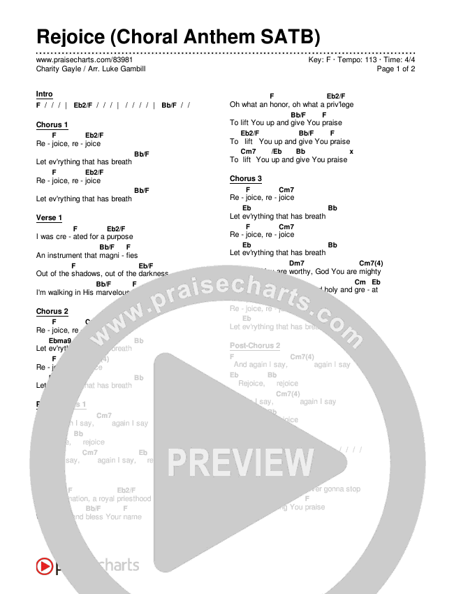 Rejoice (Choral Anthem SATB) Chords & Lyrics (Charity Gayle / Arr. Luke Gambill)