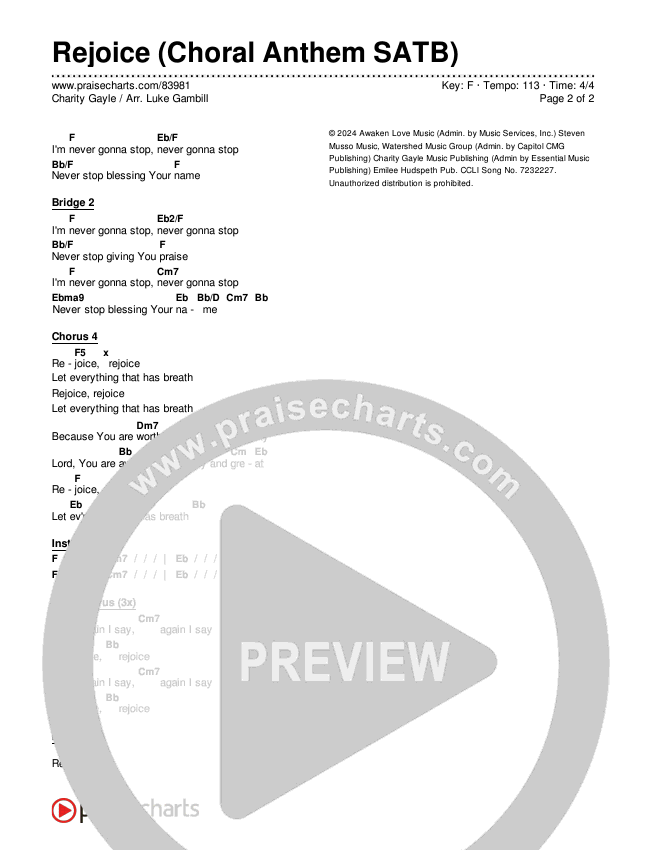 Rejoice (Choral Anthem SATB) Chords & Lyrics (Charity Gayle / Arr. Luke Gambill)