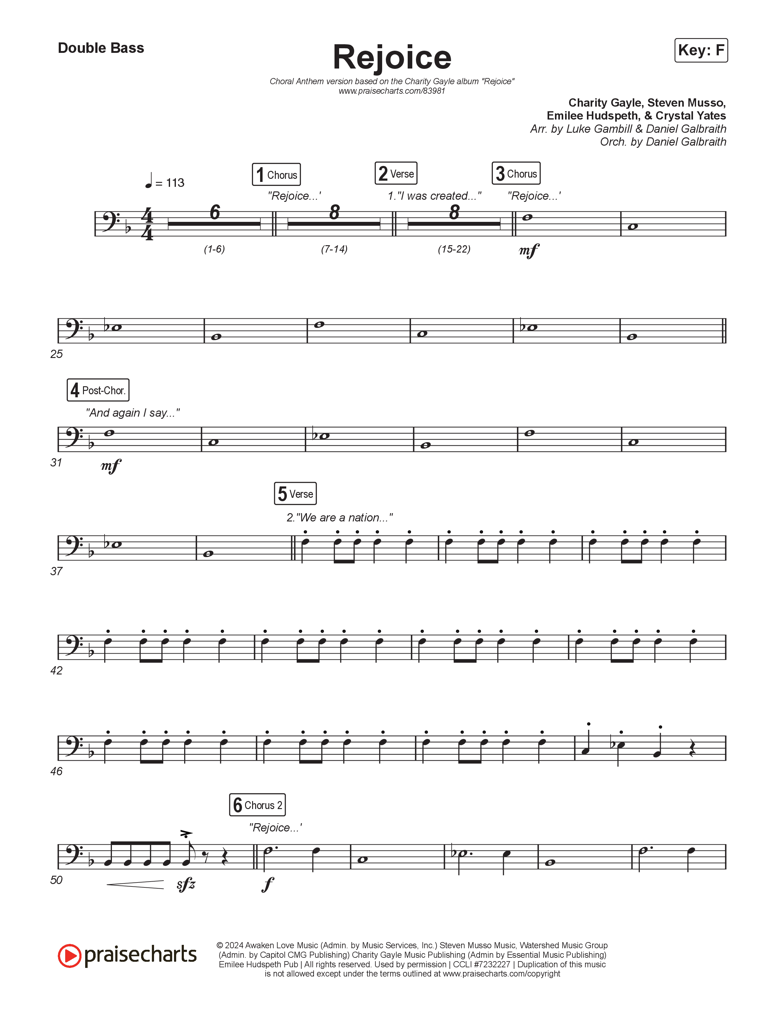 Rejoice (Choral Anthem SATB) String Bass (Charity Gayle / Arr. Luke Gambill)