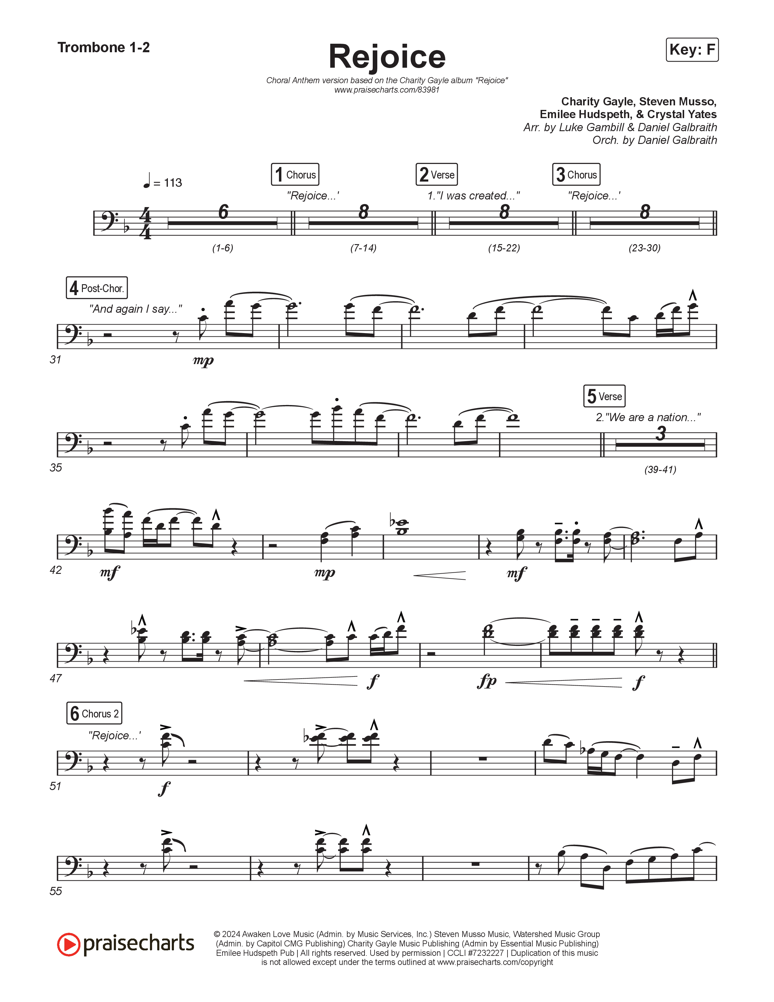 Rejoice (Choral Anthem SATB) Trombone 1/2 (Charity Gayle / Arr. Luke Gambill)