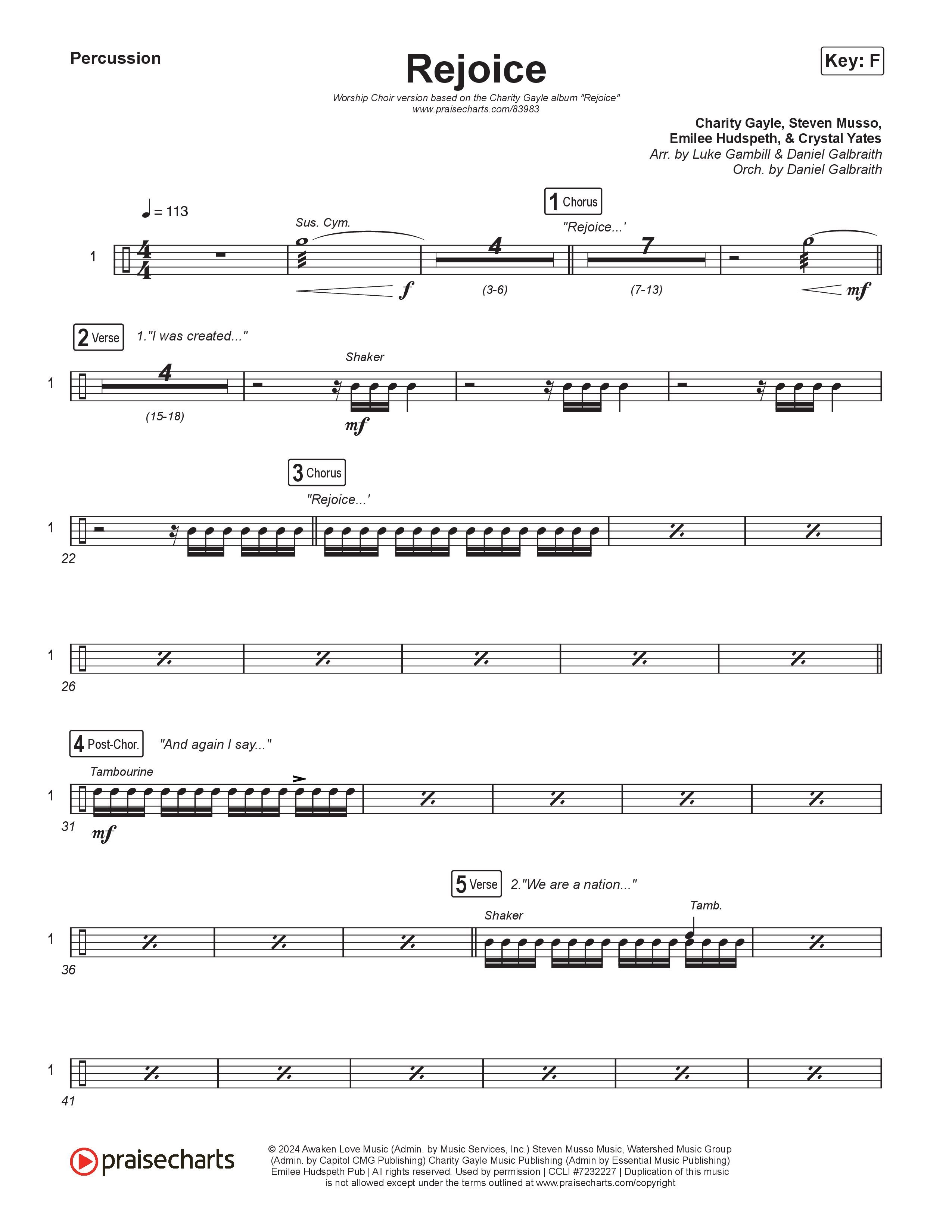 Rejoice (Worship Choir/SAB) Percussion (Charity Gayle / Arr. Luke Gambill)