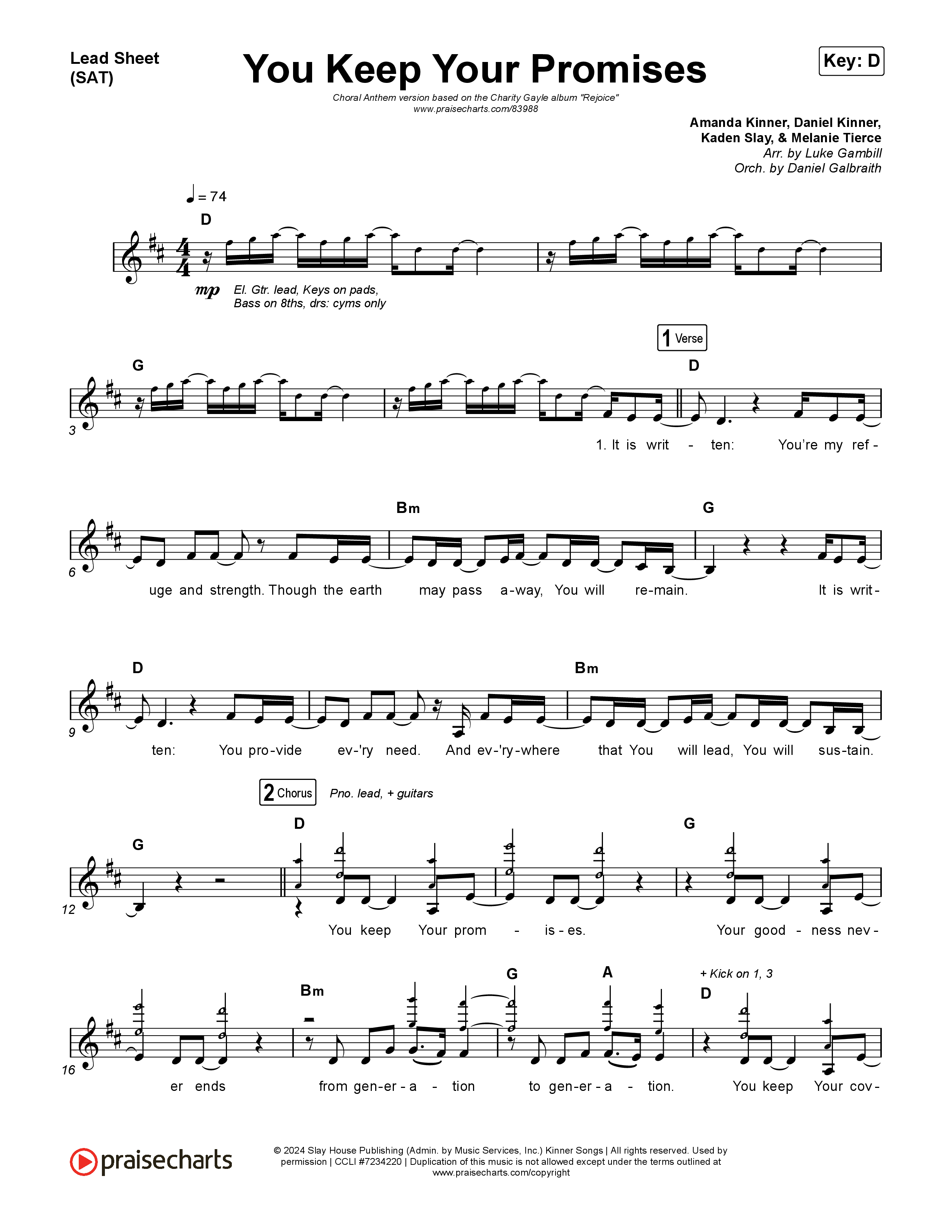 You Keep Your Promises (Choral Anthem SATB) Lead Sheet (SAT) (Charity Gayle / Arr. Luke Gambill)