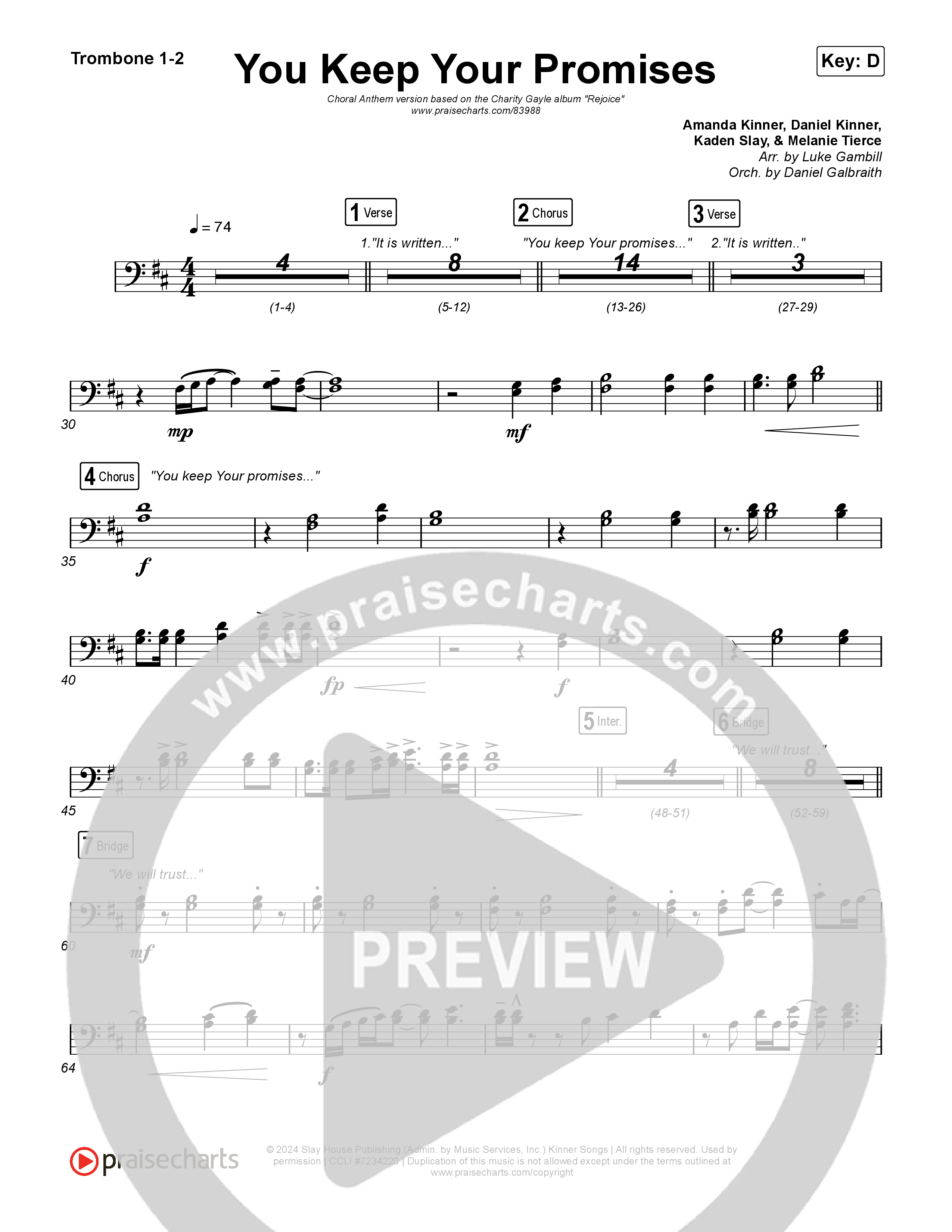 You Keep Your Promises (Choral Anthem SATB) Trombone 1,2 (Charity Gayle / Arr. Luke Gambill)