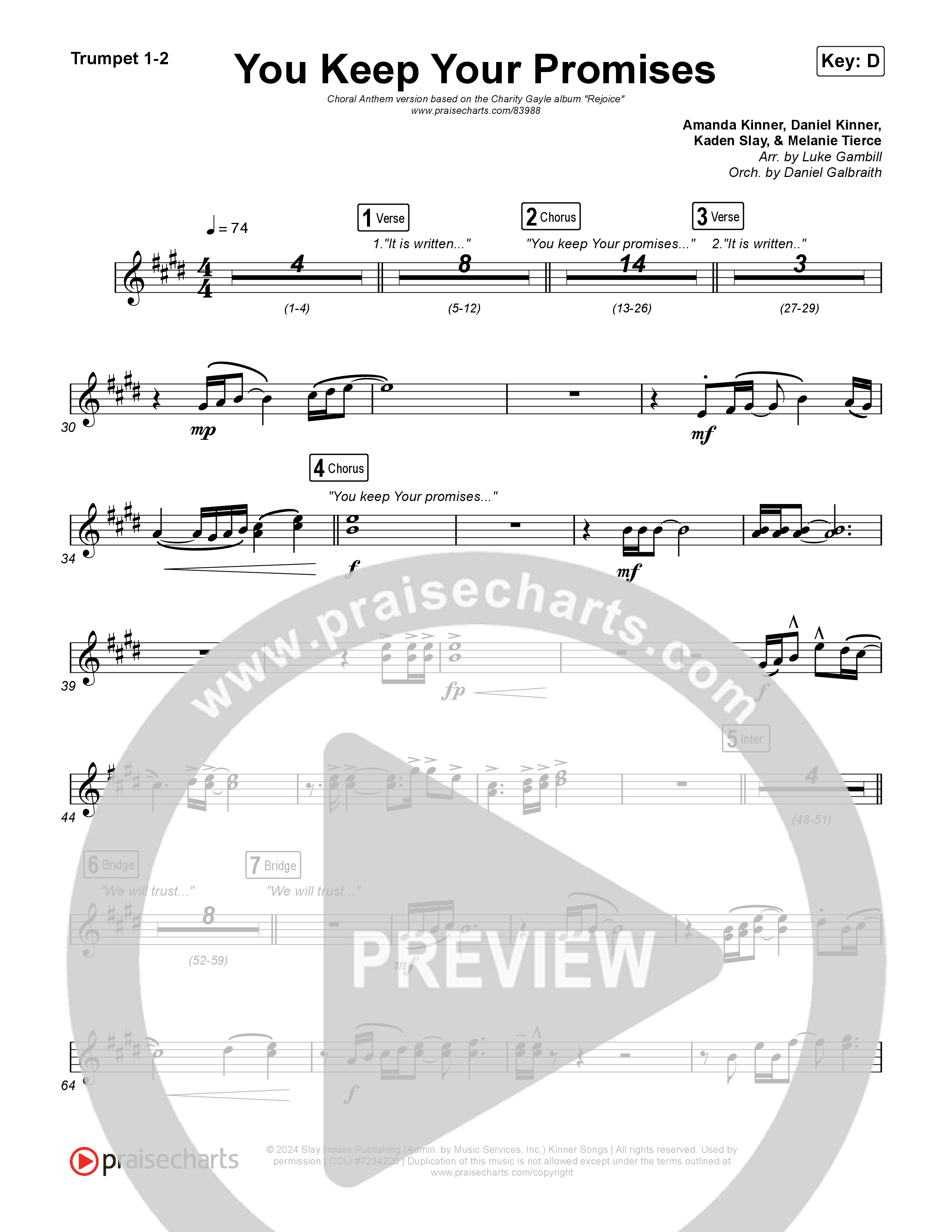 You Keep Your Promises (Choral Anthem SATB) Trumpet 1,2 (Charity Gayle / Arr. Luke Gambill)