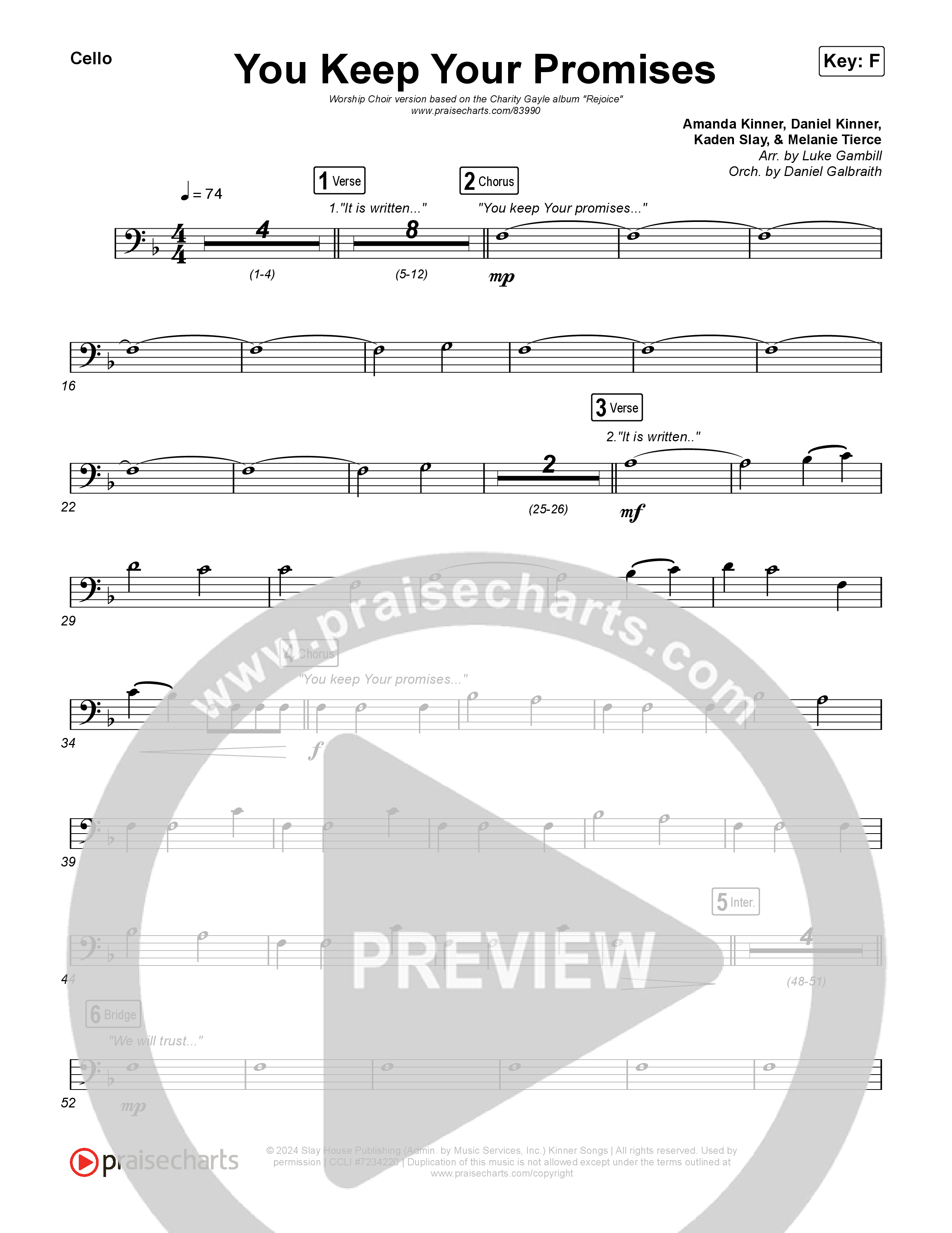 You Keep Your Promises (Worship Choir/SAB) Cello (Charity Gayle / Arr. Luke Gambill)